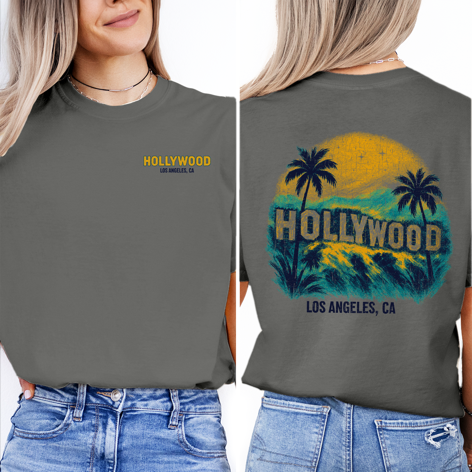 Vintage Hollywood Los Angeles T-Shirt – Retro Sunset & Palm Tree Graphic, California Travel Souvenir Tee