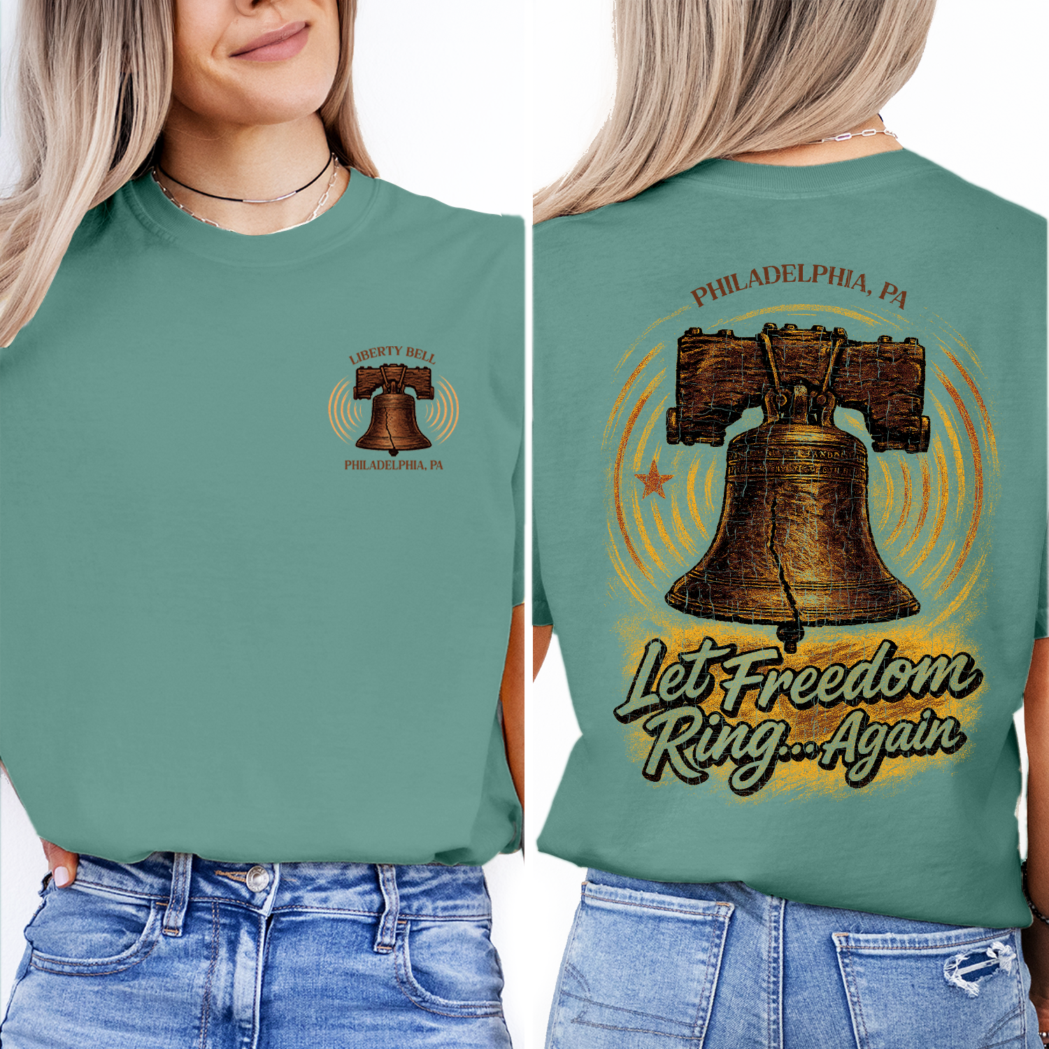 Vintage Liberty Bell Philadelphia t-shirt with “Let Freedom Ring” design, perfect souvenir or patriotic gift for history lovers.