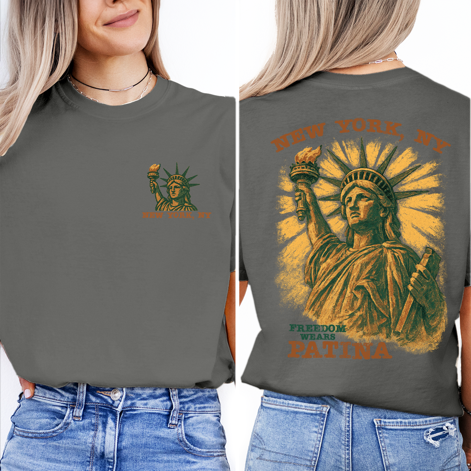 Vintage Statue of Liberty New York t-shirt with “Freedom Wears Patina” design, perfect souvenir or gift for travelers and patriots.