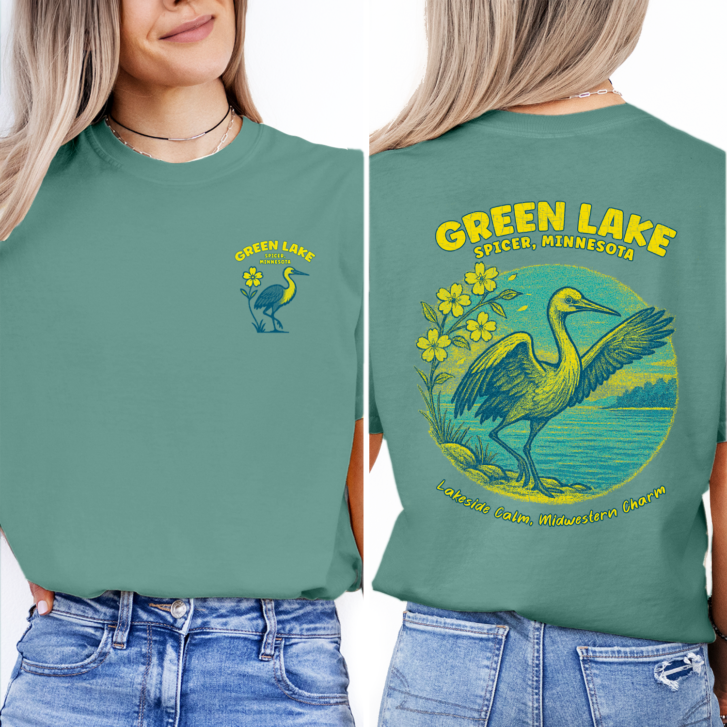 Green Lake Spicer Minnesota T-Shirt | Lakeside Bird Graphic Tee | Midwest Travel Souvenir Shirt | Lakeside Calm Charm
