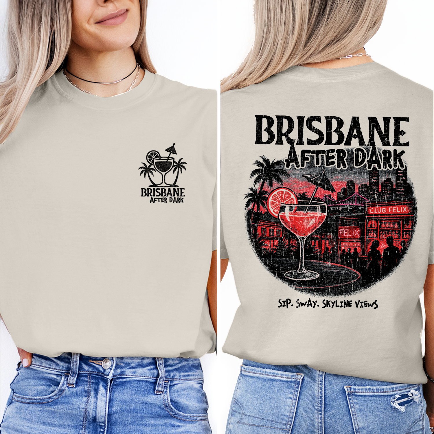 Brisbane After Dark T-Shirt | Nightlife Skyline Graphic Tee | Cocktail Party Shirt | Australia Travel Souvenir Top