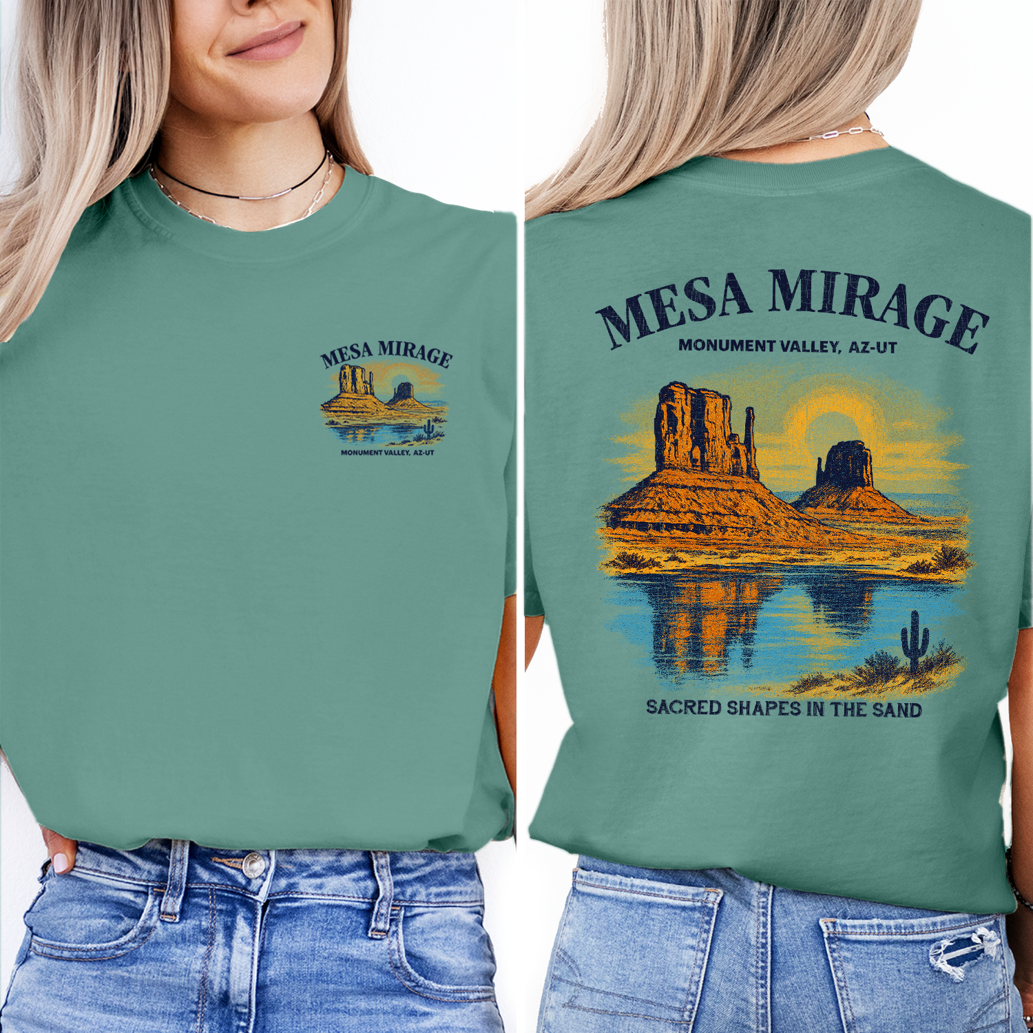 Vintage Monument Valley t-shirt with mesa sunset design, perfect for desert lovers, Arizona-Utah travelers, and Southwest souvenir collectors.