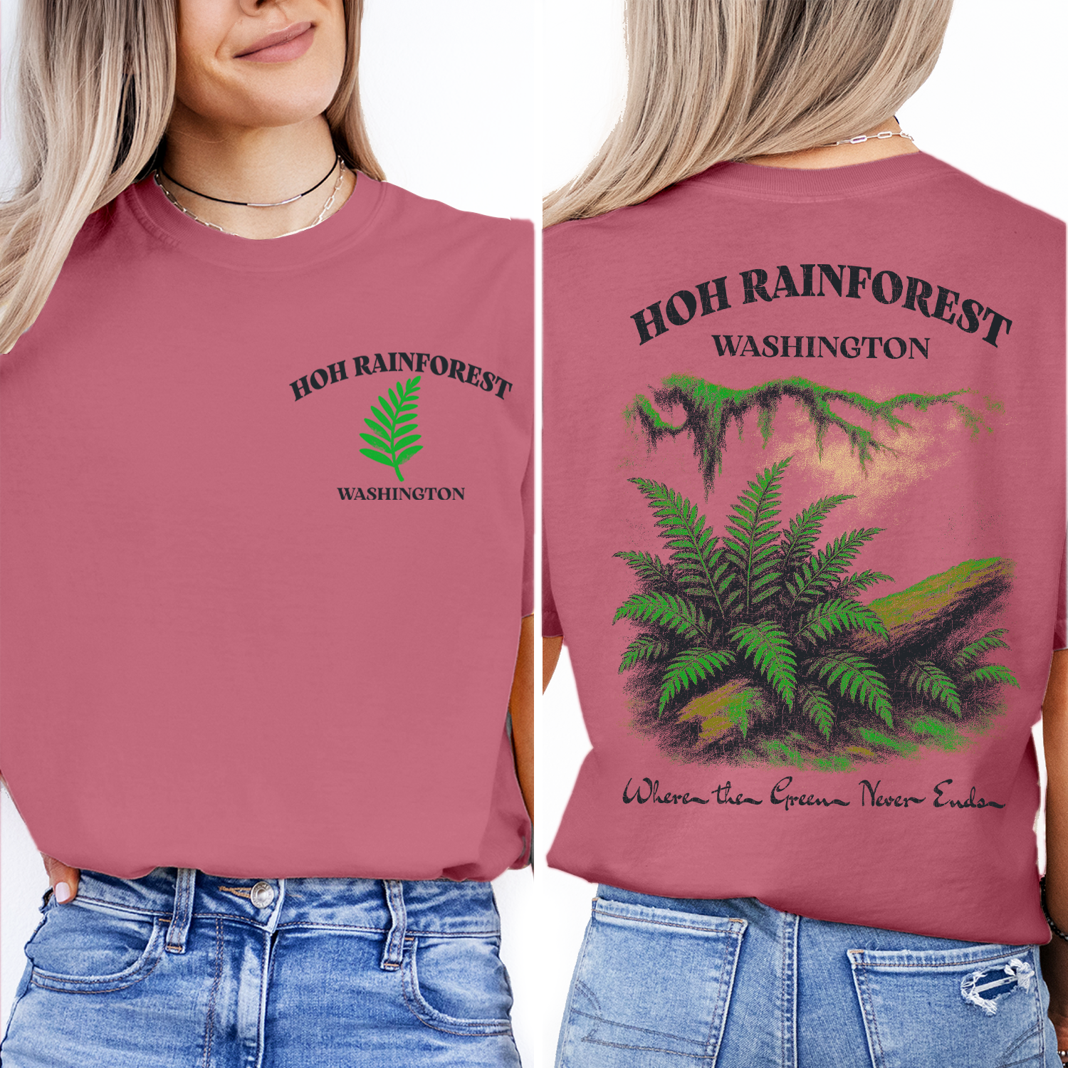 Vintage Hoh Rainforest Washington T-Shirt – Lush Green Ferns & Nature Scene Graphic, Pacific Northwest Travel Souvenir Tee