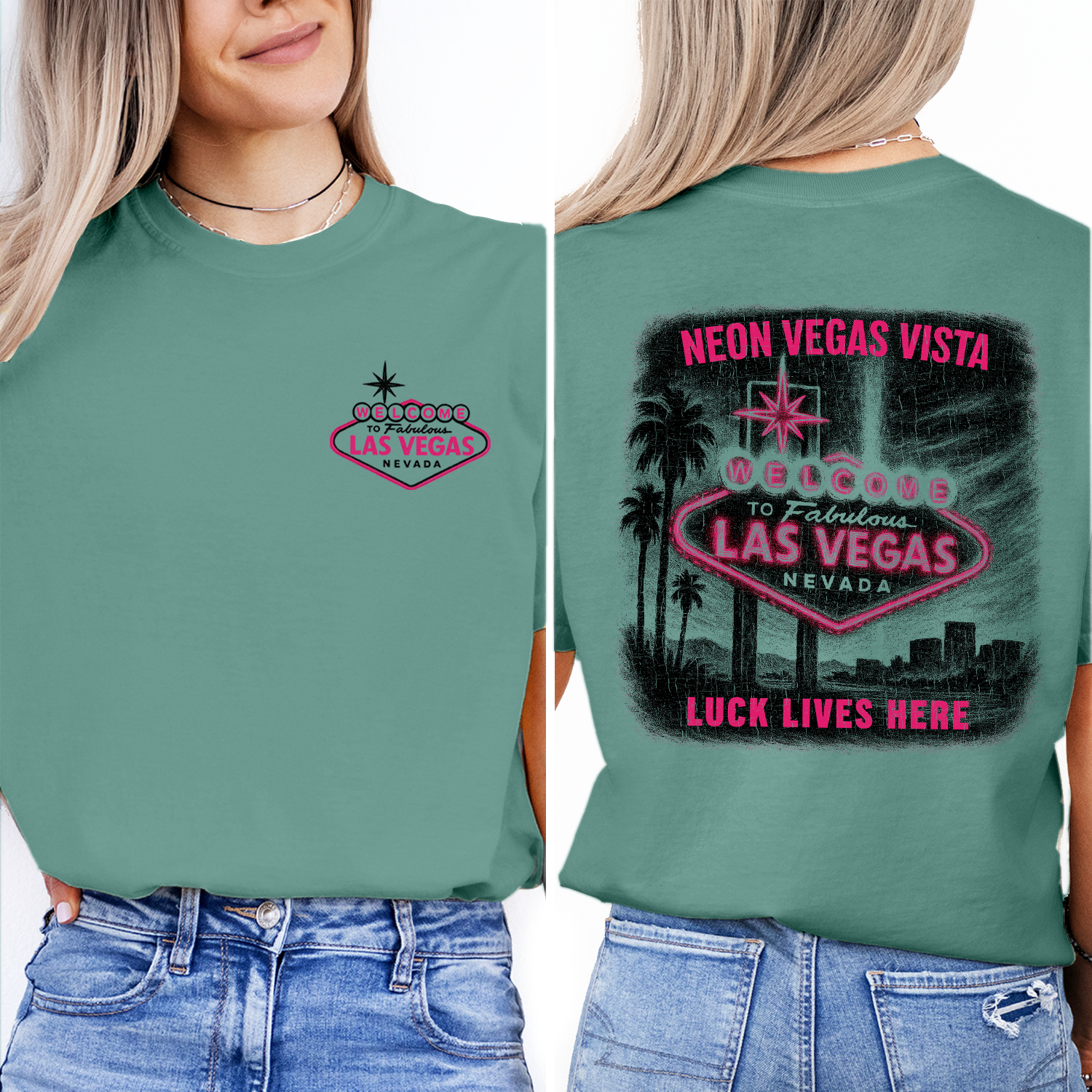 Retro Neon Las Vegas t-shirt with iconic “Welcome” sign, perfect souvenir or gift for travelers, casino lovers, and Vegas fans.