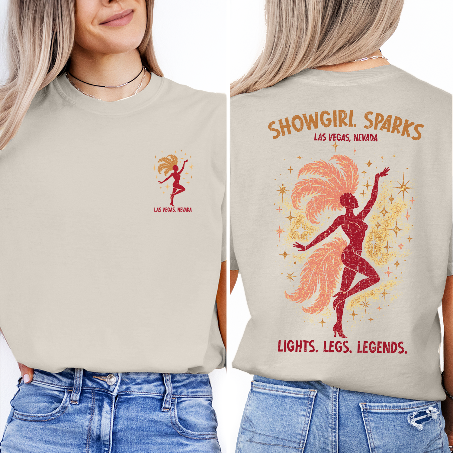 Las Vegas Showgirl T-Shirt | Vintage Nevada Souvenir Tee | Glitter Sparkle Showgirl Graphic | Retro Vegas Travel Gift