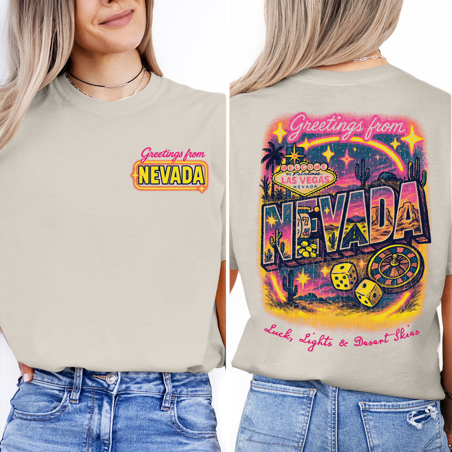 Vintage Nevada Greetings T-Shirt – Retro Las Vegas Casino Dice & Desert Scene Graphic, Lucky Travel Souvenir Tee