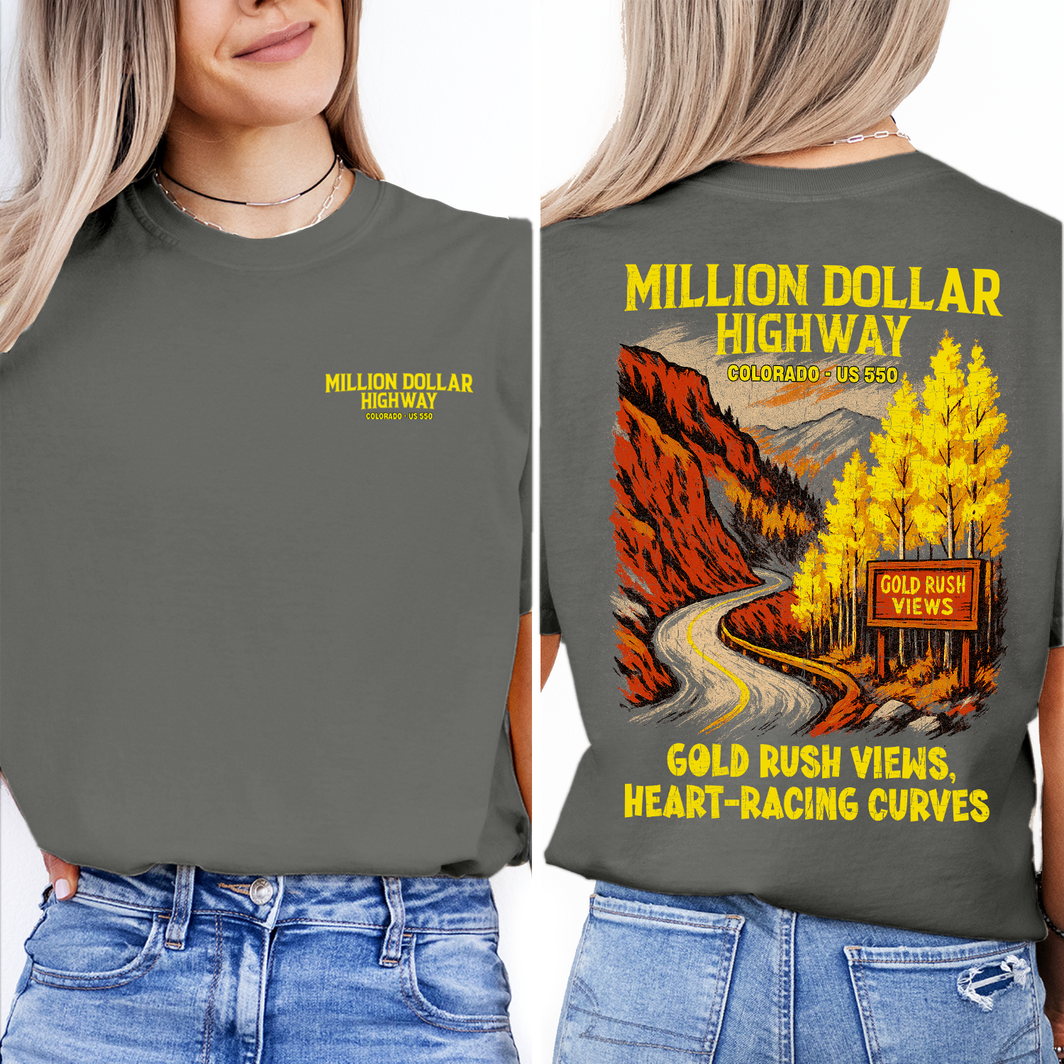 Million Dollar Highway Colorado t-shirt with scenic mountain road design, perfect souvenir for travelers and road trip enthusiasts.