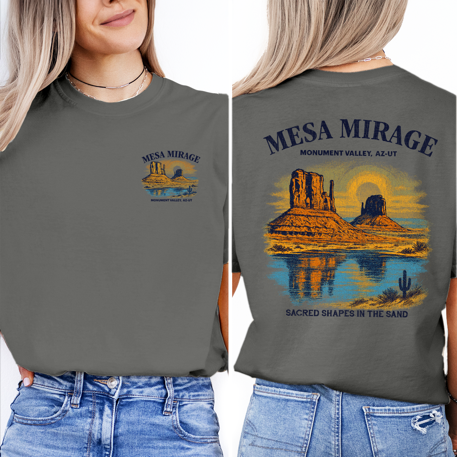 Vintage Monument Valley t-shirt with mesa sunset design, perfect for desert lovers, Arizona-Utah travelers, and Southwest souvenir collectors.