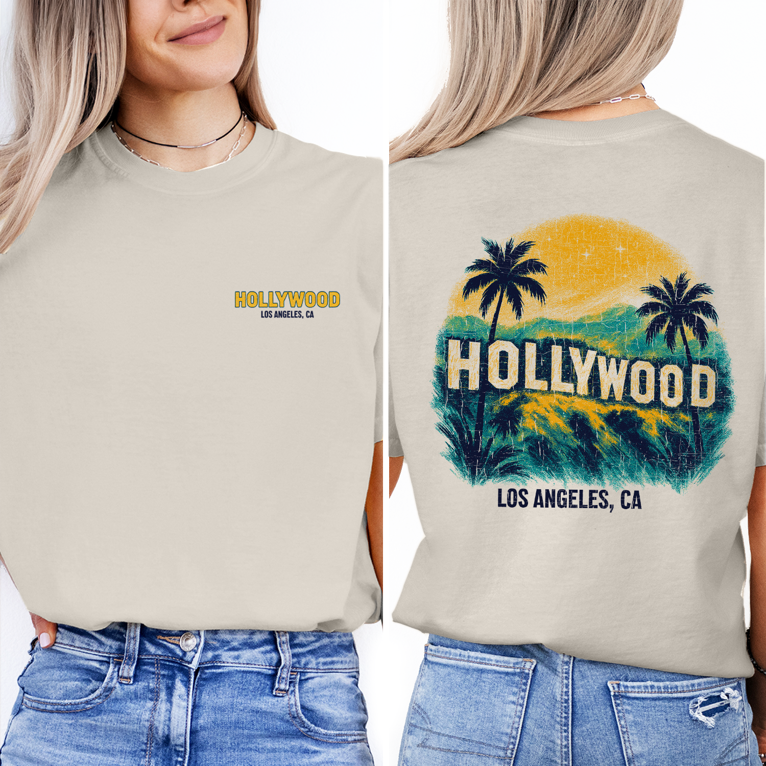 Vintage Hollywood Los Angeles T-Shirt – Retro Sunset & Palm Tree Graphic, California Travel Souvenir Tee