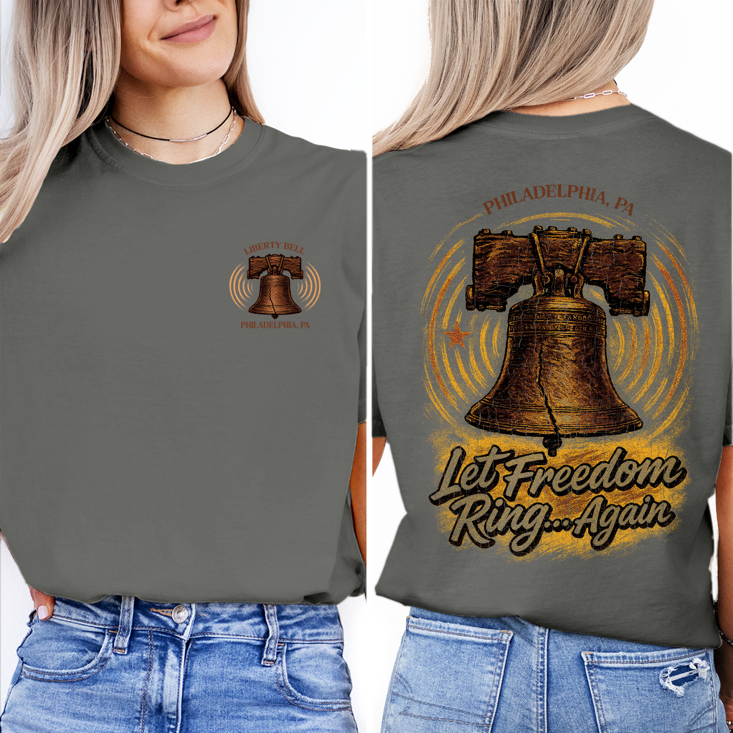 Vintage Liberty Bell Philadelphia t-shirt with “Let Freedom Ring” design, perfect souvenir or patriotic gift for history lovers.