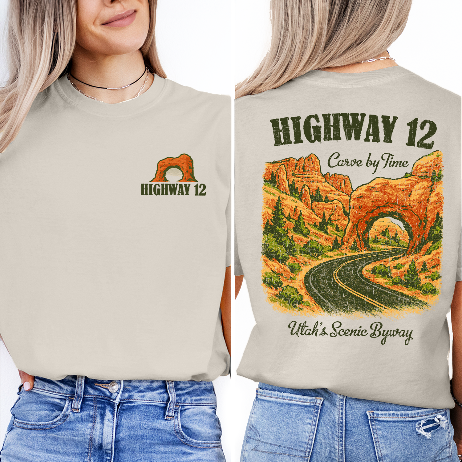 Vintage Utah Highway 12 T-Shirt – Scenic Byway Red Rock Arch & Mountain Landscape Graphic, Retro Travel Souvenir Tee