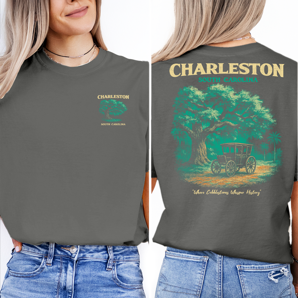 Charleston South Carolina T-Shirt | Historic Carriage Ride Tee | Southern Charm Travel Souvenir | Vintage Tree Graphic Shirt