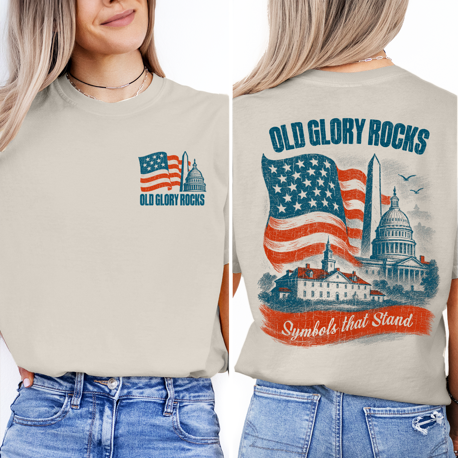 Old Glory Rocks American Flag T-Shirt | Patriotic USA Landmarks Tee | Vintage 4th of July Independence Day Shirt