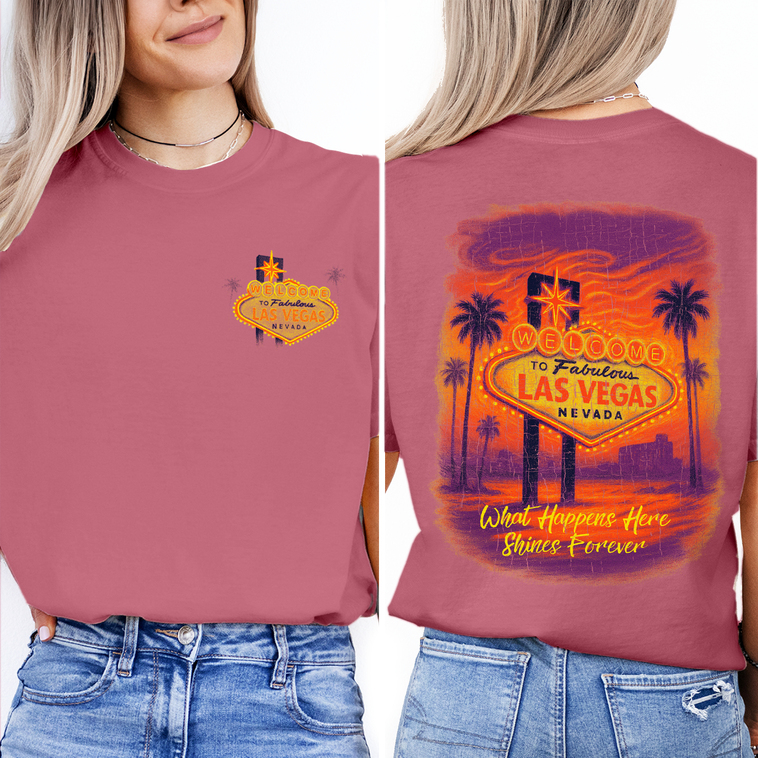 Vintage Las Vegas sunset t-shirt with iconic neon “Welcome” sign, perfect souvenir or gift for travelers and nightlife lovers.