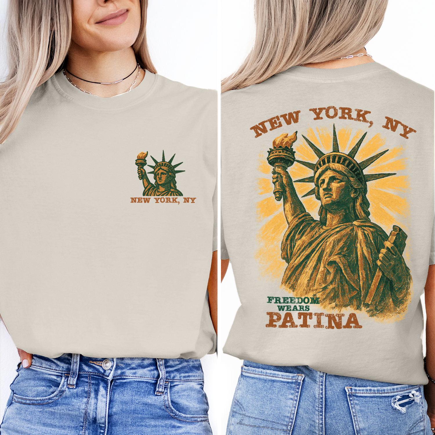 Vintage Statue of Liberty New York t-shirt with “Freedom Wears Patina” design, perfect souvenir or gift for travelers and patriots.