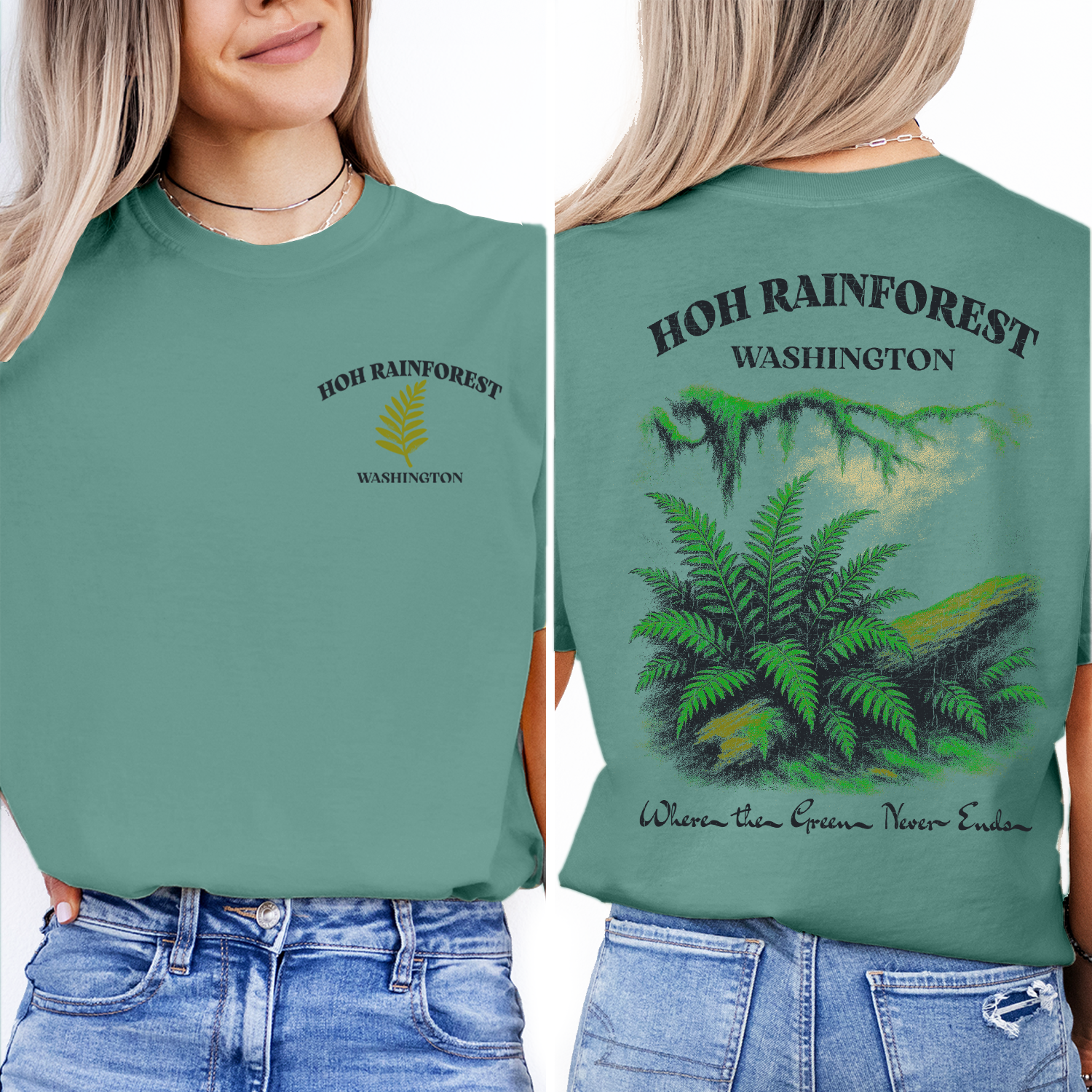 Vintage Hoh Rainforest Washington T-Shirt – Lush Green Ferns & Nature Scene Graphic, Pacific Northwest Travel Souvenir Tee