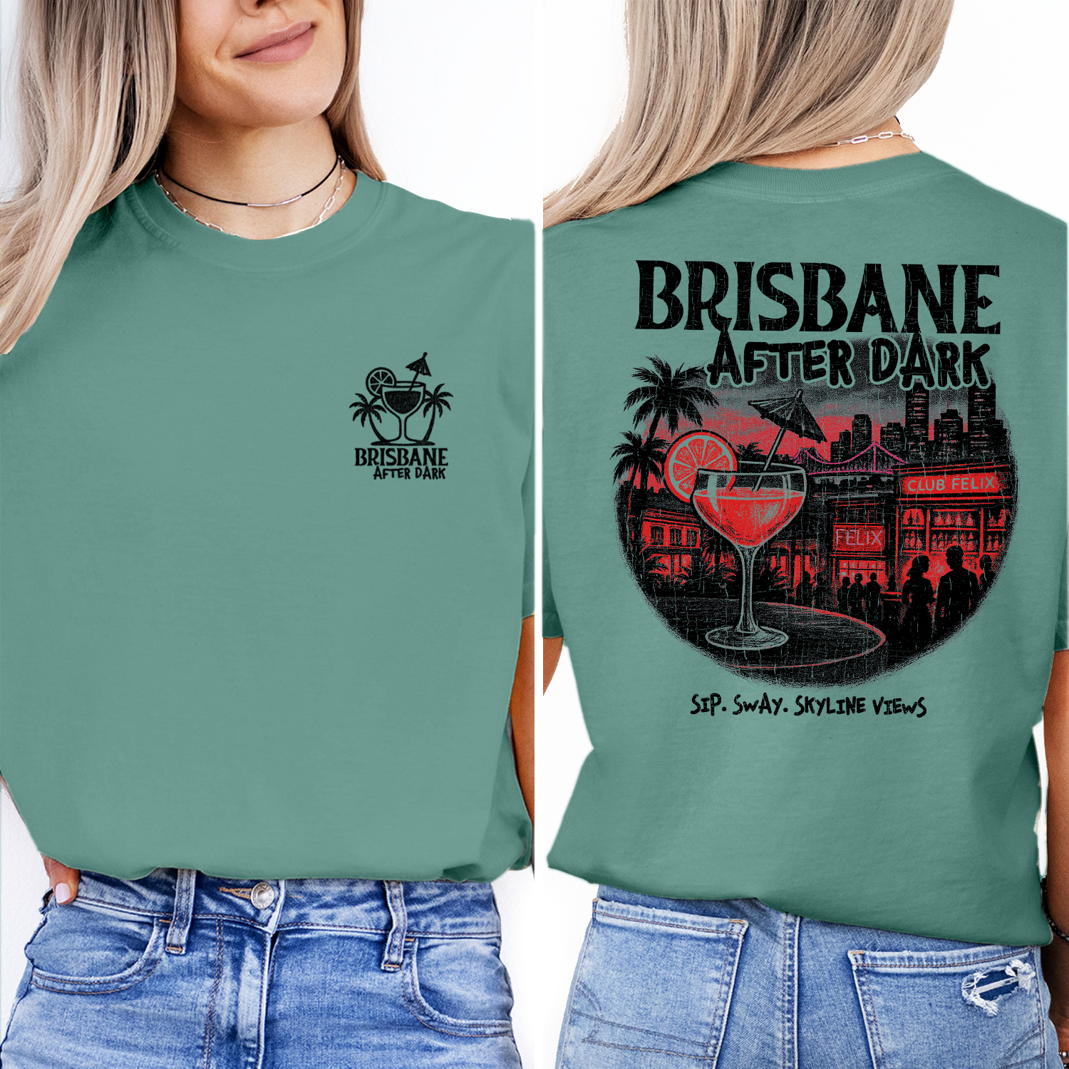 Brisbane After Dark T-Shirt | Nightlife Skyline Graphic Tee | Cocktail Party Shirt | Australia Travel Souvenir Top