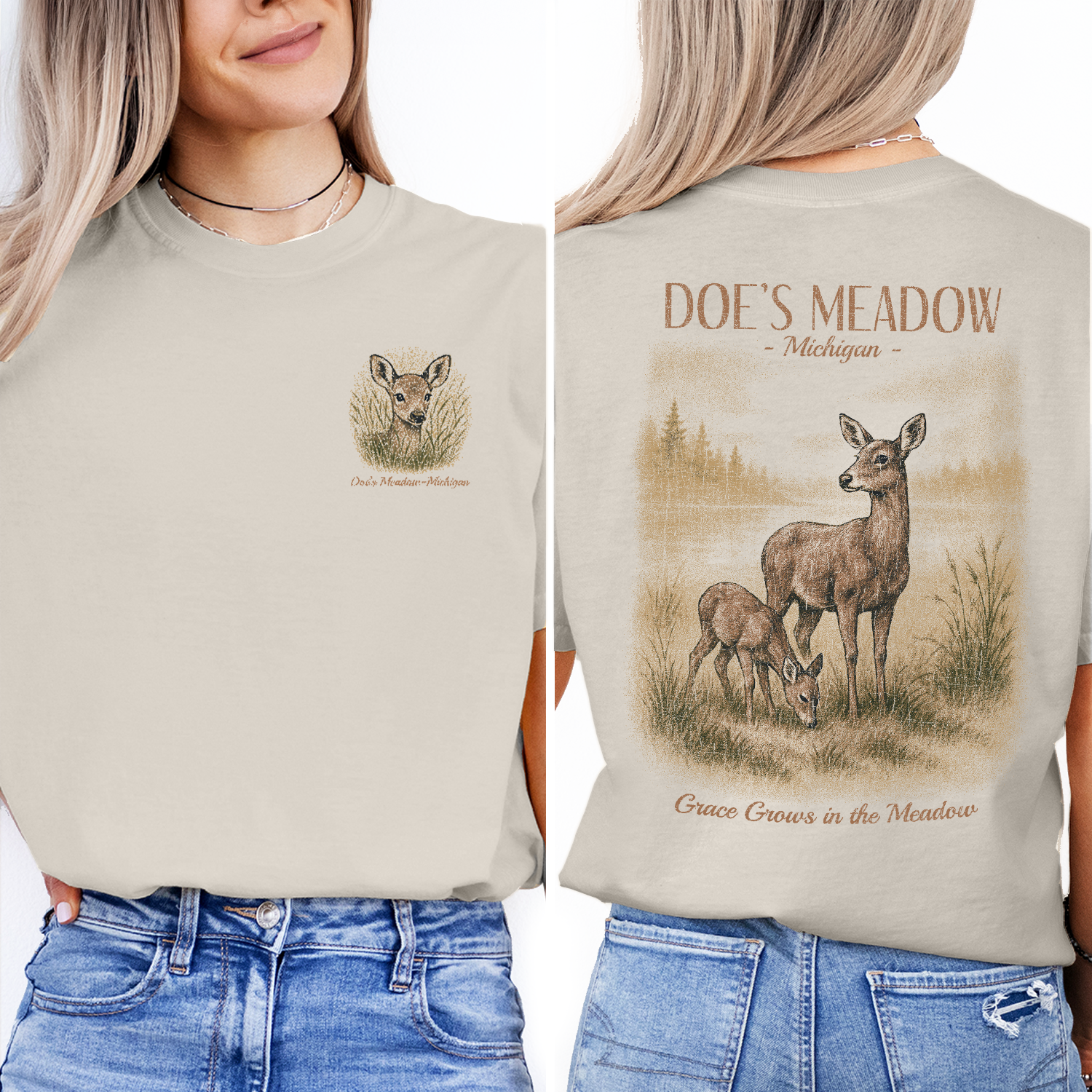 Doe’s Meadow Michigan Deer T-Shirt – Vintage Wildlife Tee, Retro Nature Graphic, Rustic Forest Souvenir Shirt for Outdoor Lovers