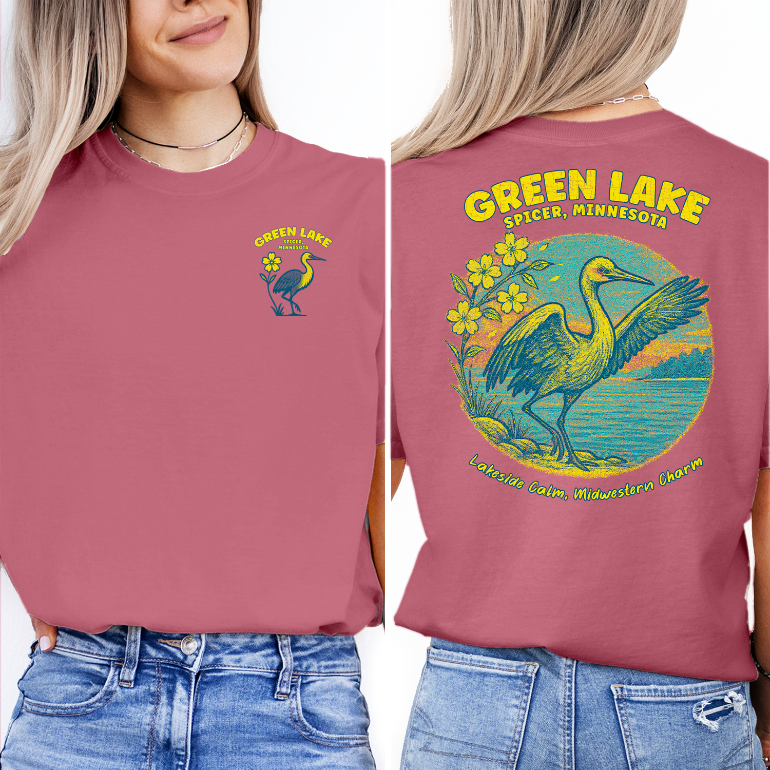 Green Lake Spicer Minnesota T-Shirt | Lakeside Bird Graphic Tee | Midwest Travel Souvenir Shirt | Lakeside Calm Charm