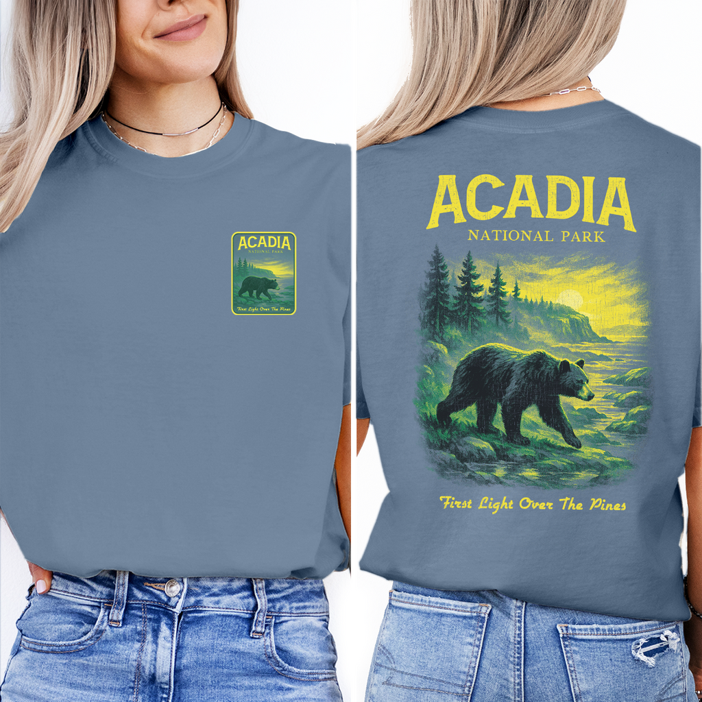 Acadia National Park Bear T-Shirt – Vintage Wilderness Hiking Tee, Nature Landscape Sunset Shirt, Outdoor Adventure Gift