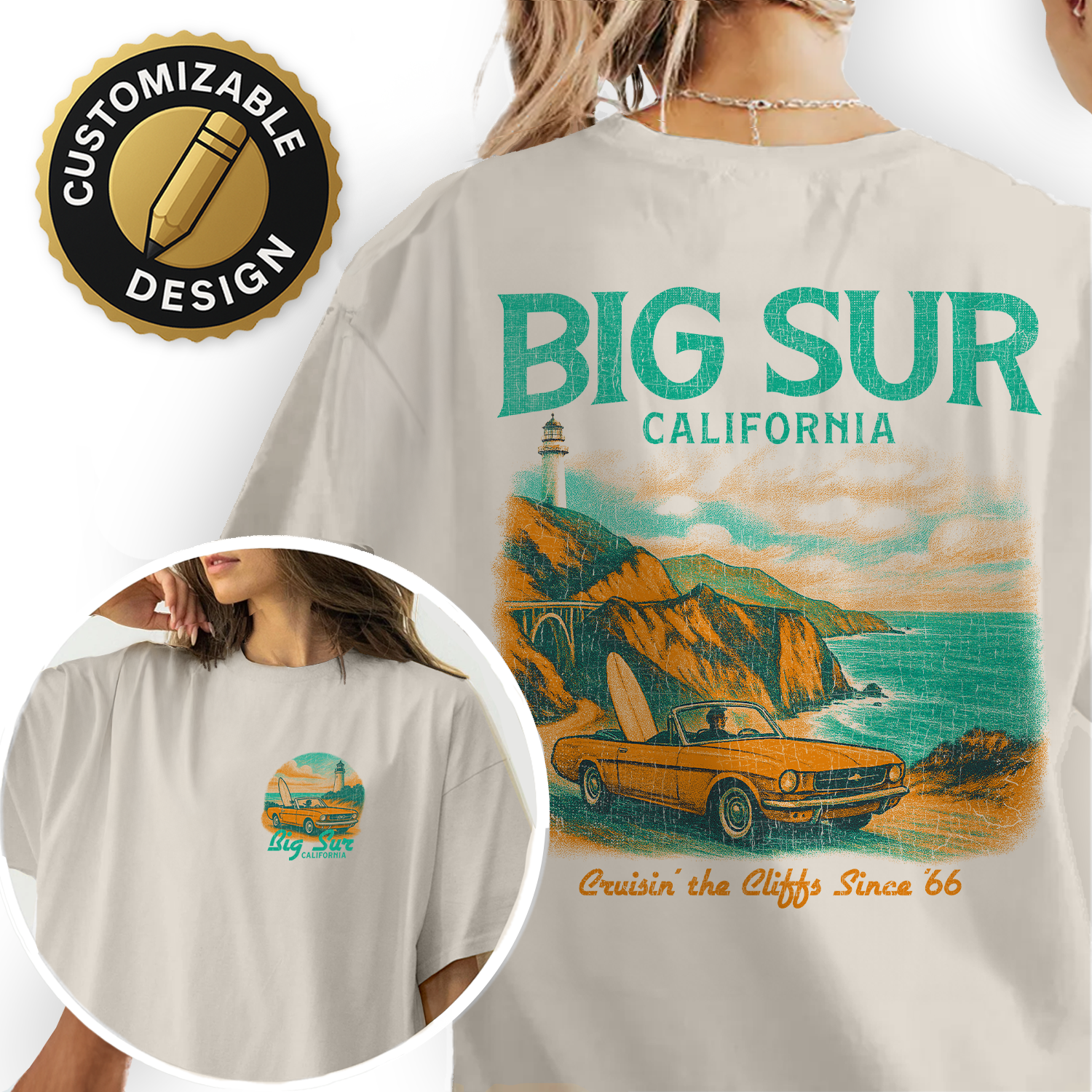 Big Sur California T-Shirt – Vintage Coastal Highway Graphic Tee, Retro Car and Surf Shirt, California Travel Souvenir Gift