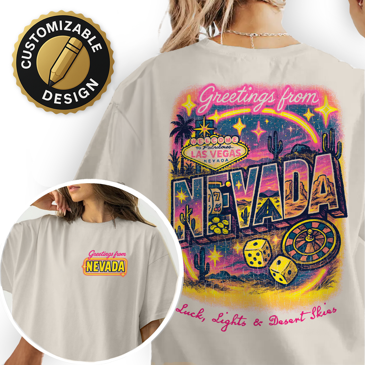 Vintage Nevada Greetings T-Shirt – Retro Las Vegas Casino Dice & Desert Scene Graphic, Lucky Travel Souvenir Tee