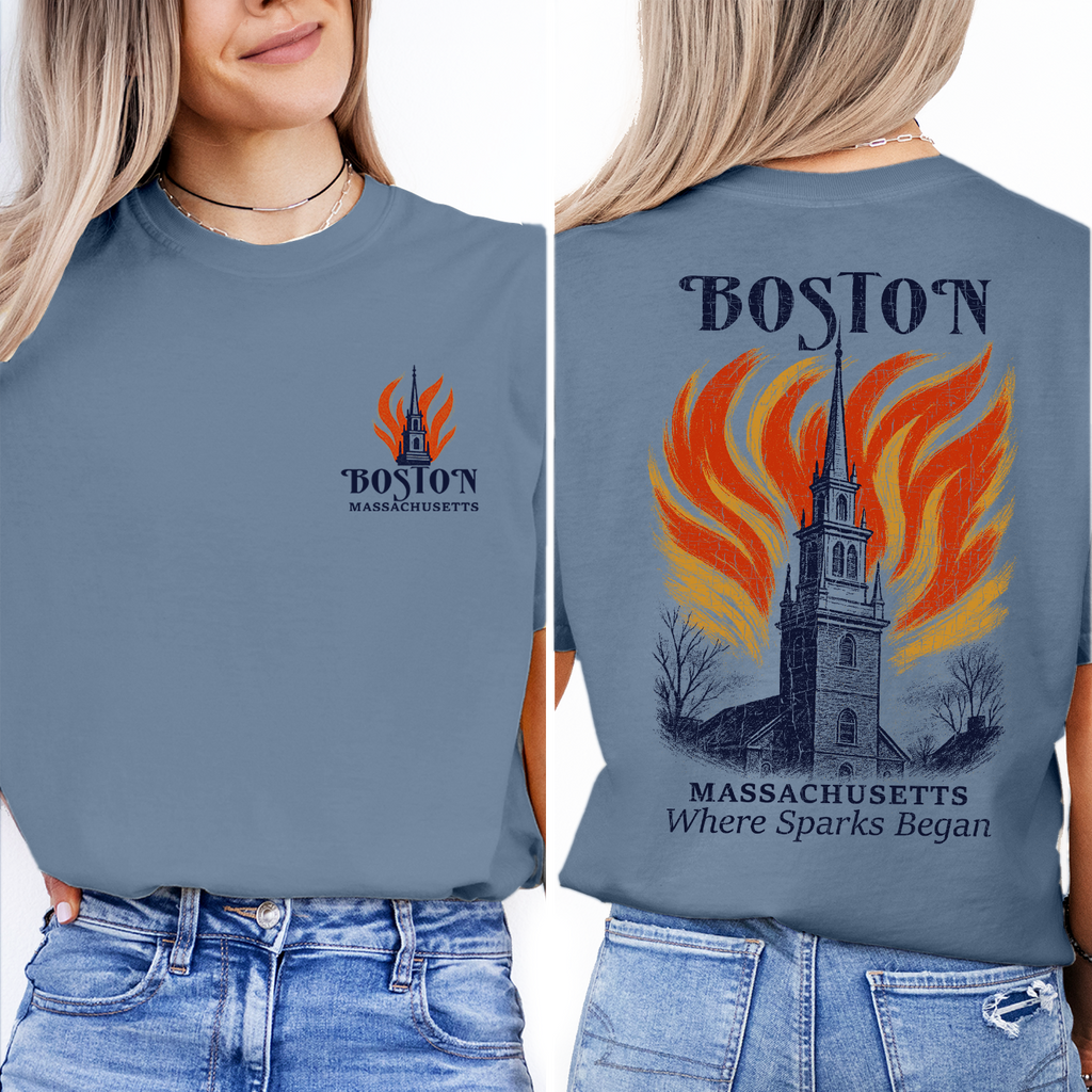 Boston Massachusetts Church T-Shirt – Historic Fire Graphic Tee, Where Sparks Began, Revolutionary Souvenir Shirt