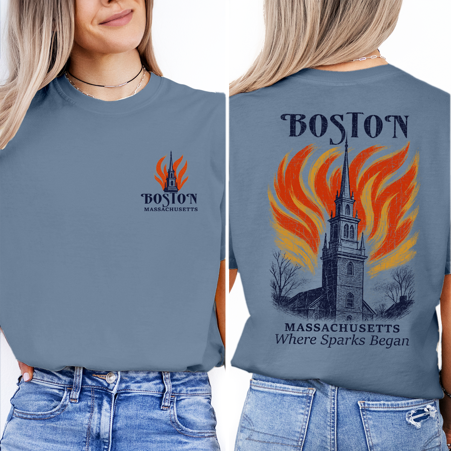 Boston Massachusetts Church T-Shirt – Historic Fire Graphic Tee, Where Sparks Began, Revolutionary Souvenir Shirt