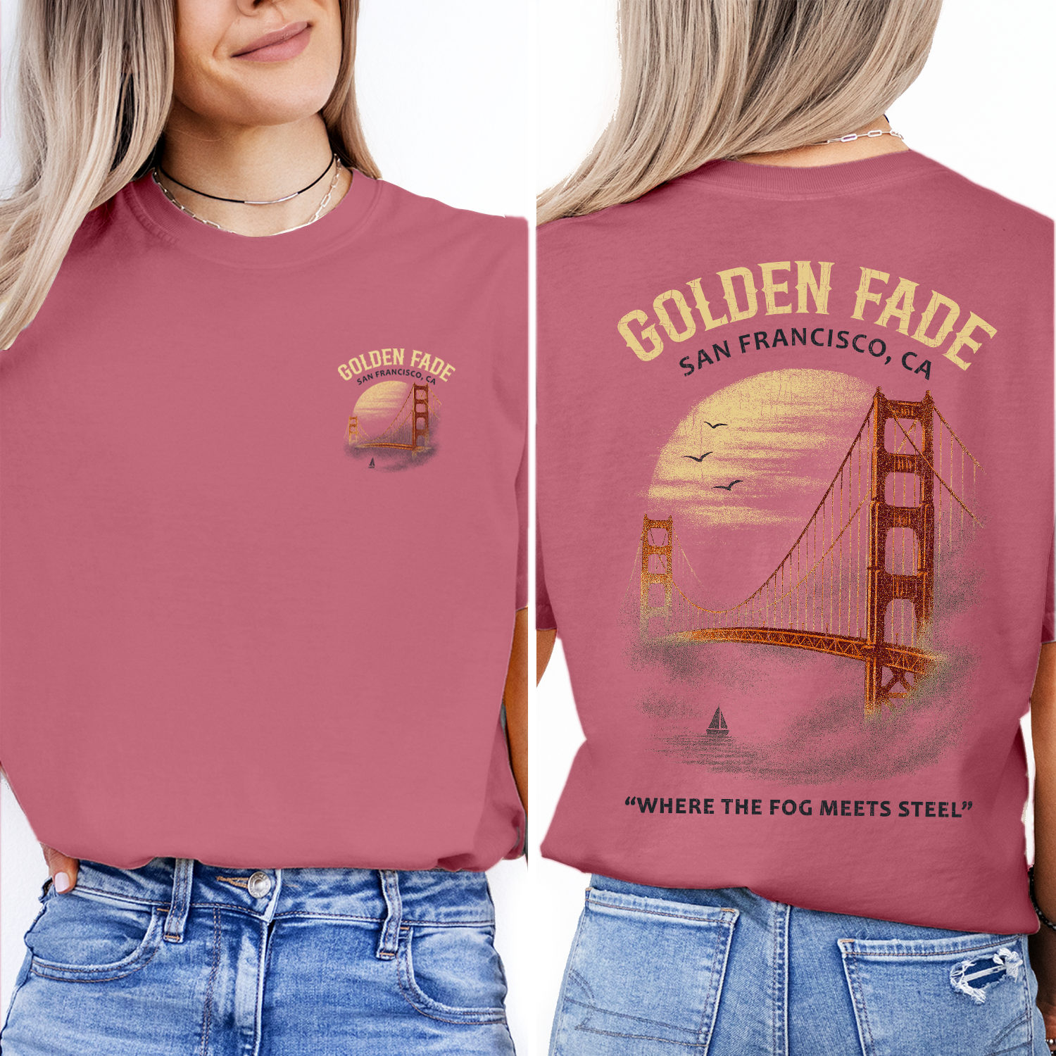 Golden Gate Bridge T-Shirt – San Francisco Golden Fade Tee, Vintage Foggy Sunset Design, California Coastal Souvenir