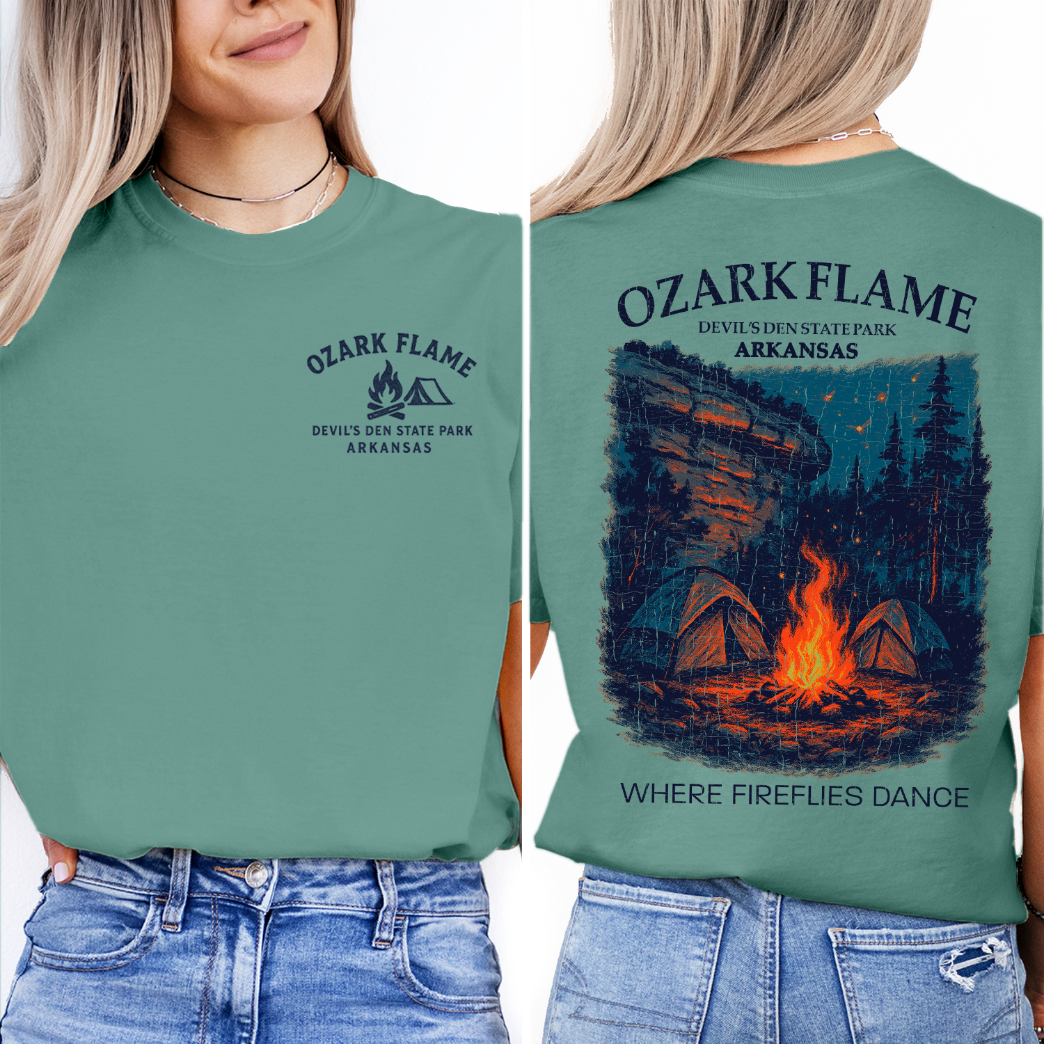 Ozark Flame Camping T-Shirt – Devil's Den State Park Firefly Campfire Tee, Arkansas Nature Shirt