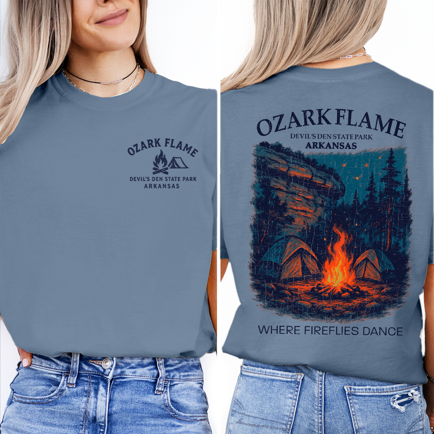 Ozark Flame Camping T-Shirt – Devil's Den State Park Firefly Campfire Tee, Arkansas Nature Shirt