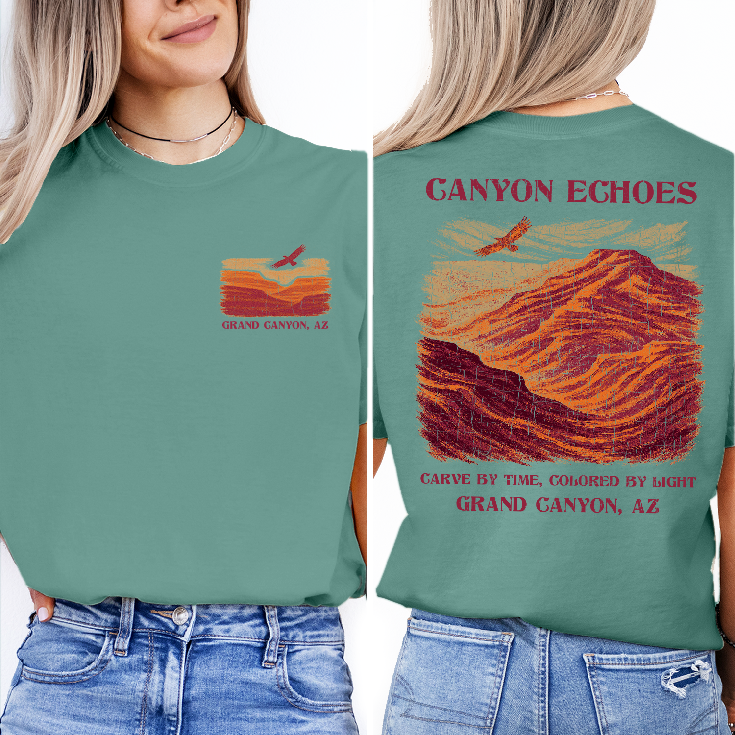 Vintage Grand Canyon Arizona T-Shirt – Canyon Echoes Desert Landscape & Eagle Graphic, Retro National Park Souvenir Tee