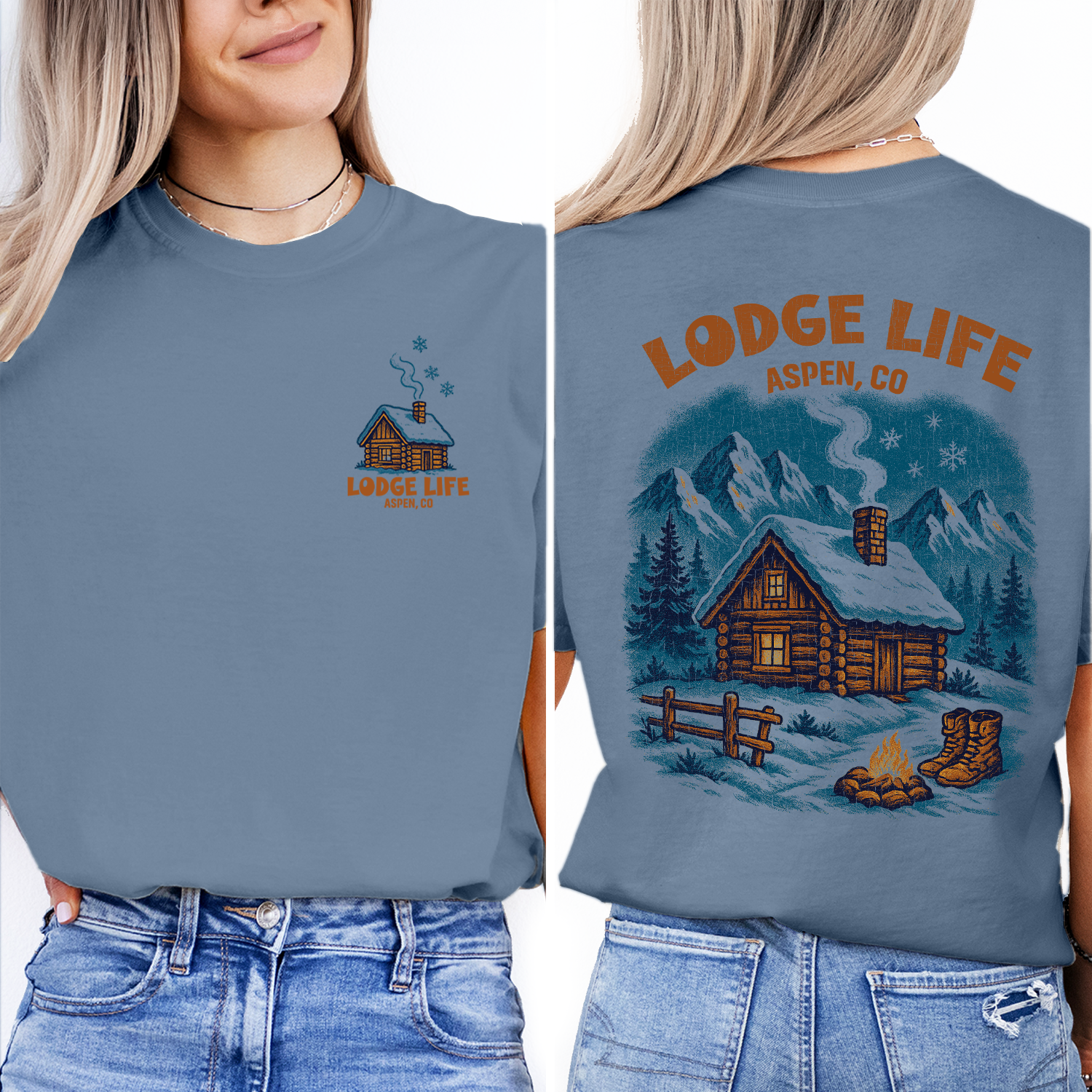 Lodge Life Aspen T-Shirt – Cozy Cabin in Snow, Colorado Winter Mountain Shirt, Ski Lodge Graphic Tee