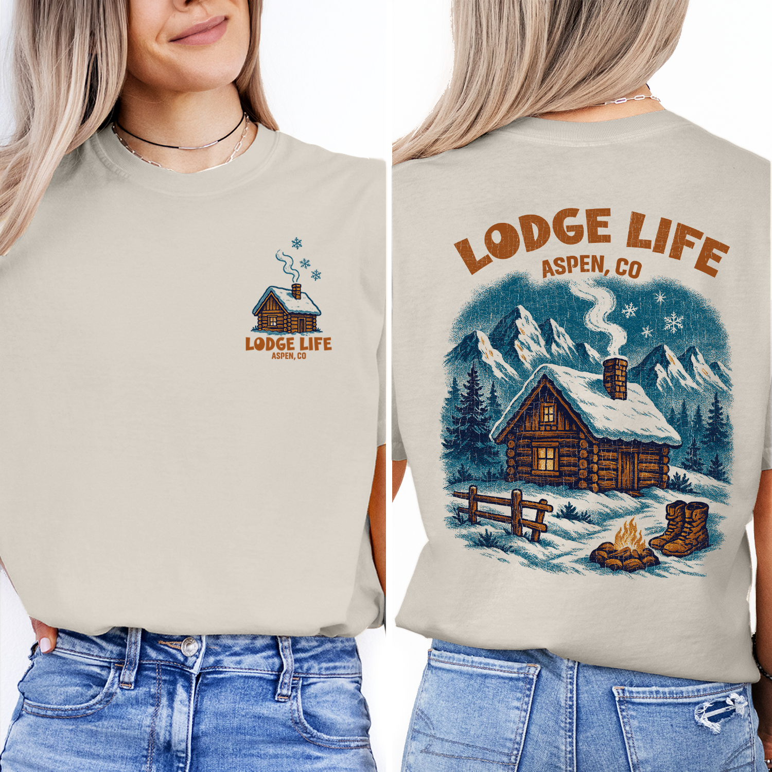 Lodge Life Aspen T-Shirt – Cozy Cabin in Snow, Colorado Winter Mountain Shirt, Ski Lodge Graphic Tee