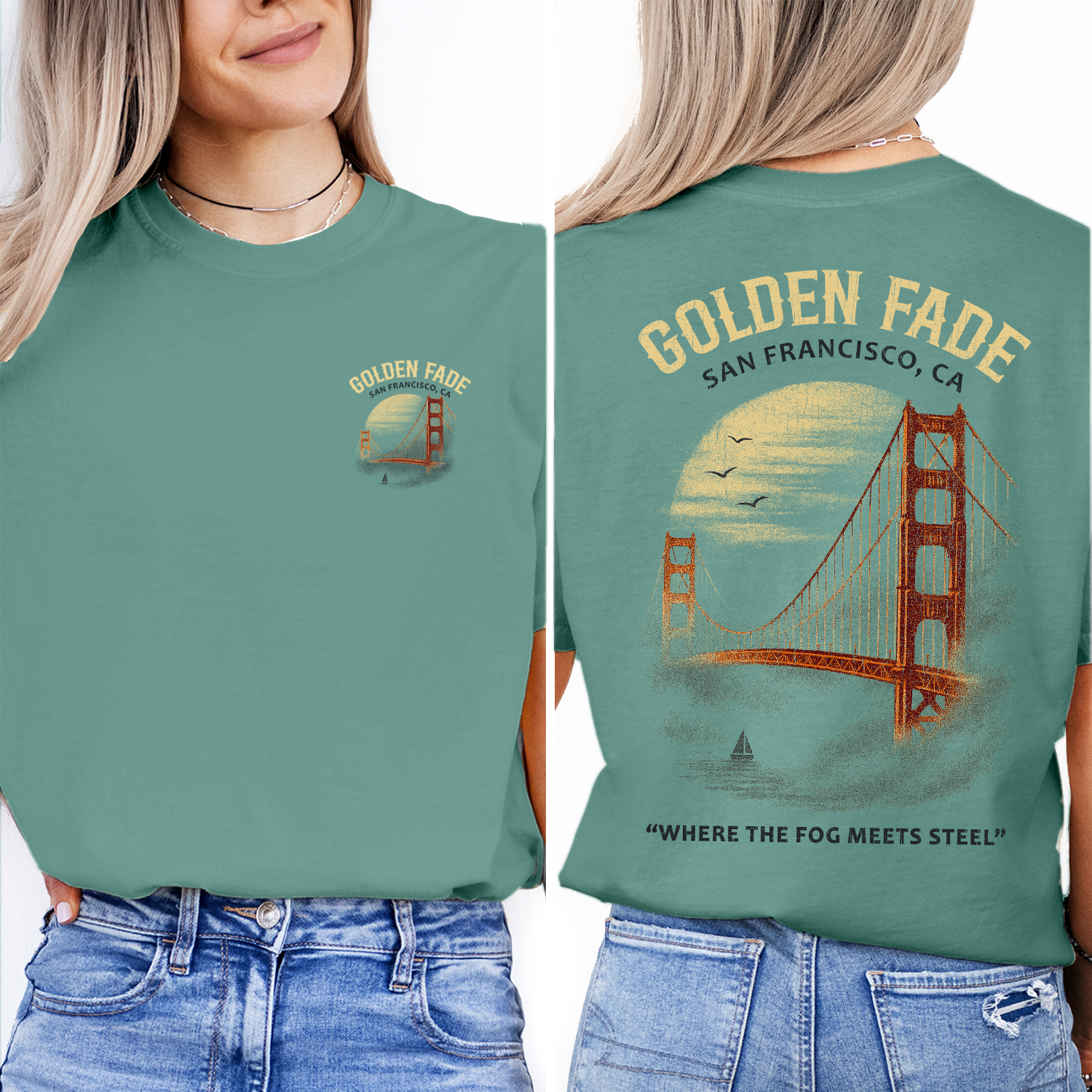 Golden Gate Bridge T-Shirt – San Francisco Golden Fade Tee, Vintage Foggy Sunset Design, California Coastal Souvenir