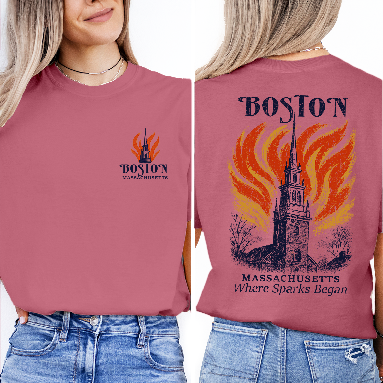 Boston Massachusetts Church T-Shirt – Historic Fire Graphic Tee, Where Sparks Began, Revolutionary Souvenir Shirt