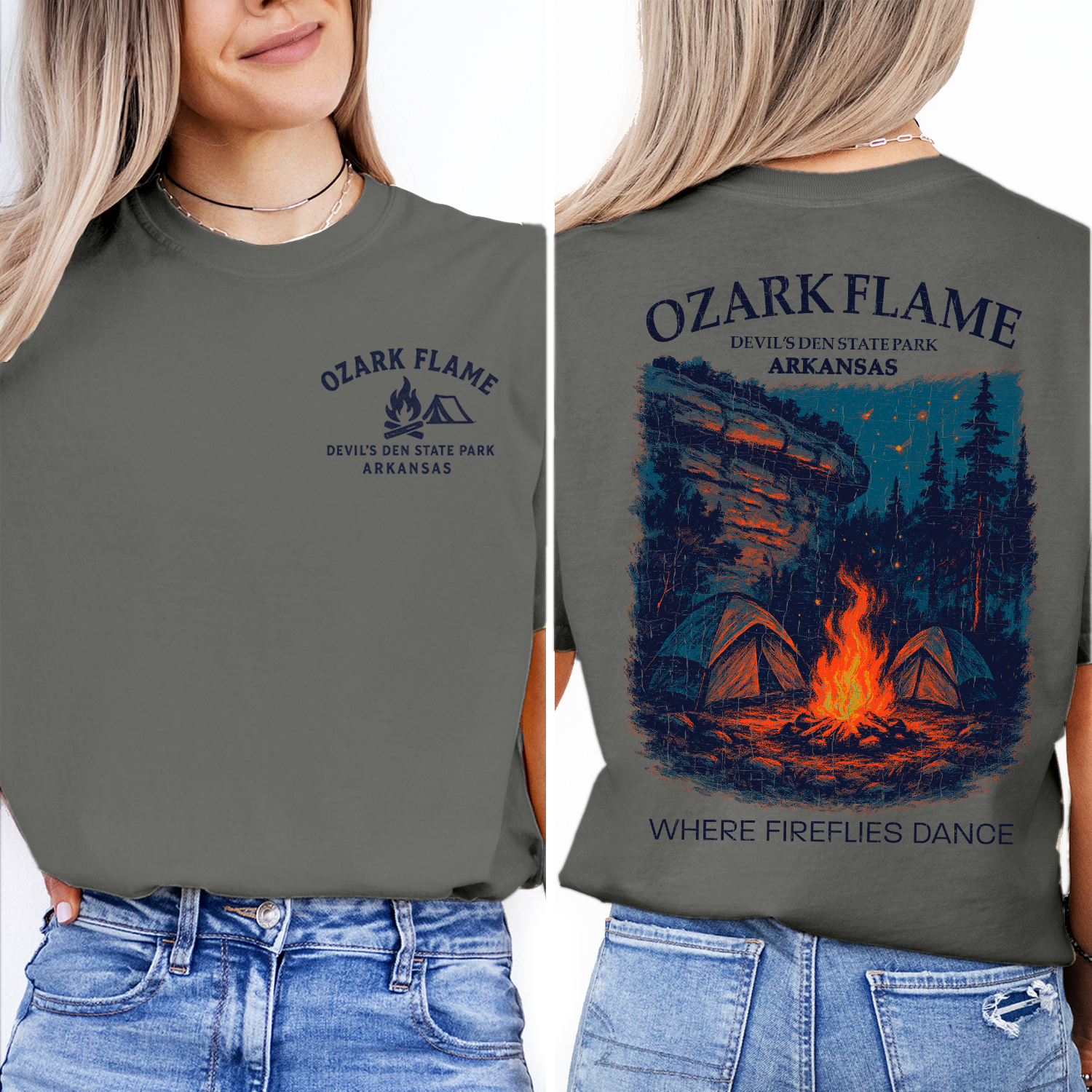 Ozark Flame Camping T-Shirt – Devil's Den State Park Firefly Campfire Tee, Arkansas Nature Shirt