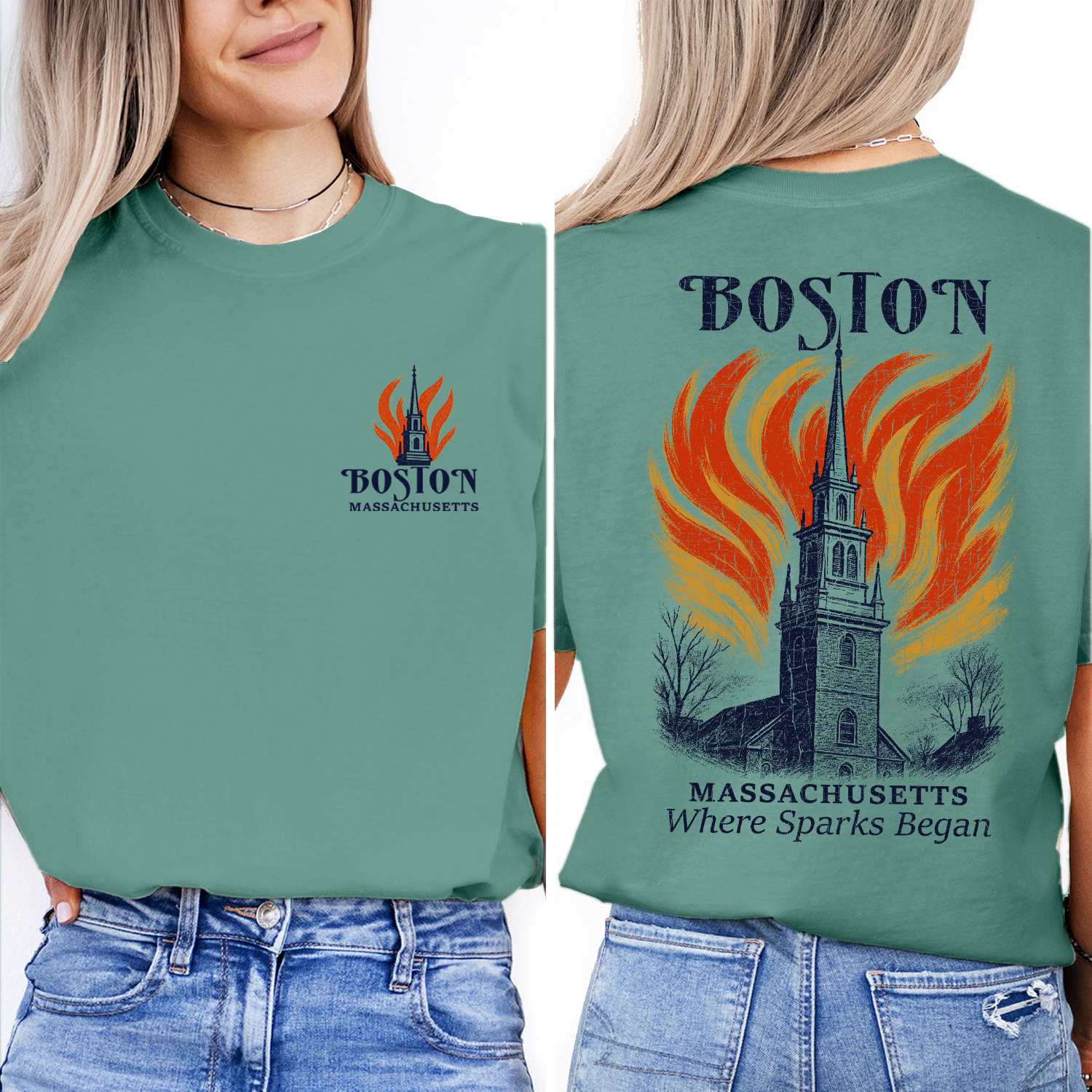 Boston Massachusetts Church T-Shirt – Historic Fire Graphic Tee, Where Sparks Began, Revolutionary Souvenir Shirt