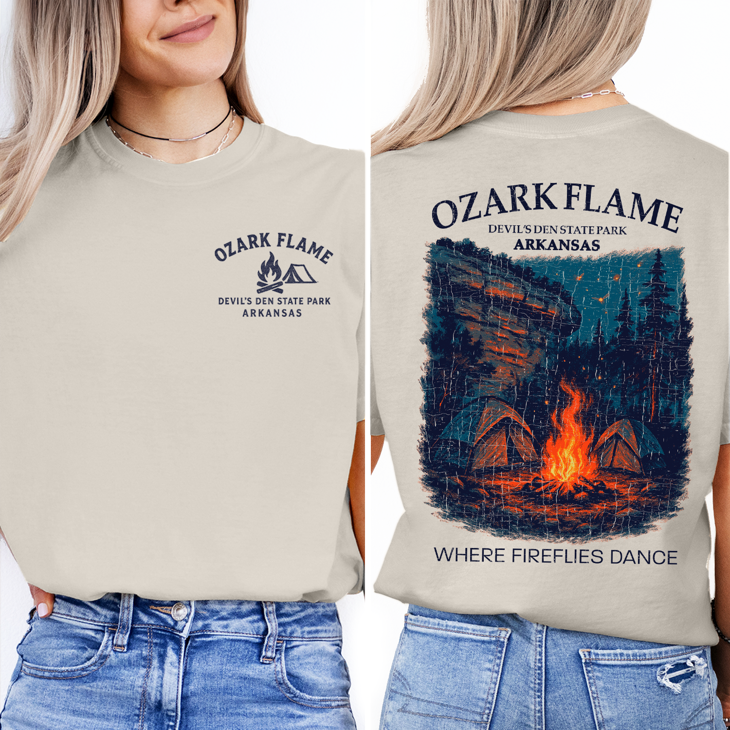 Ozark Flame Camping T-Shirt – Devil's Den State Park Firefly Campfire Tee, Arkansas Nature Shirt