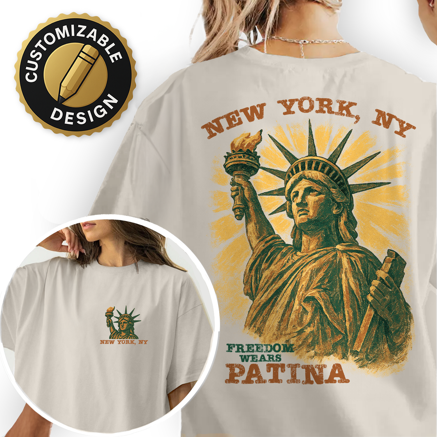 Vintage Statue of Liberty New York t-shirt with “Freedom Wears Patina” design, perfect souvenir or gift for travelers and patriots.