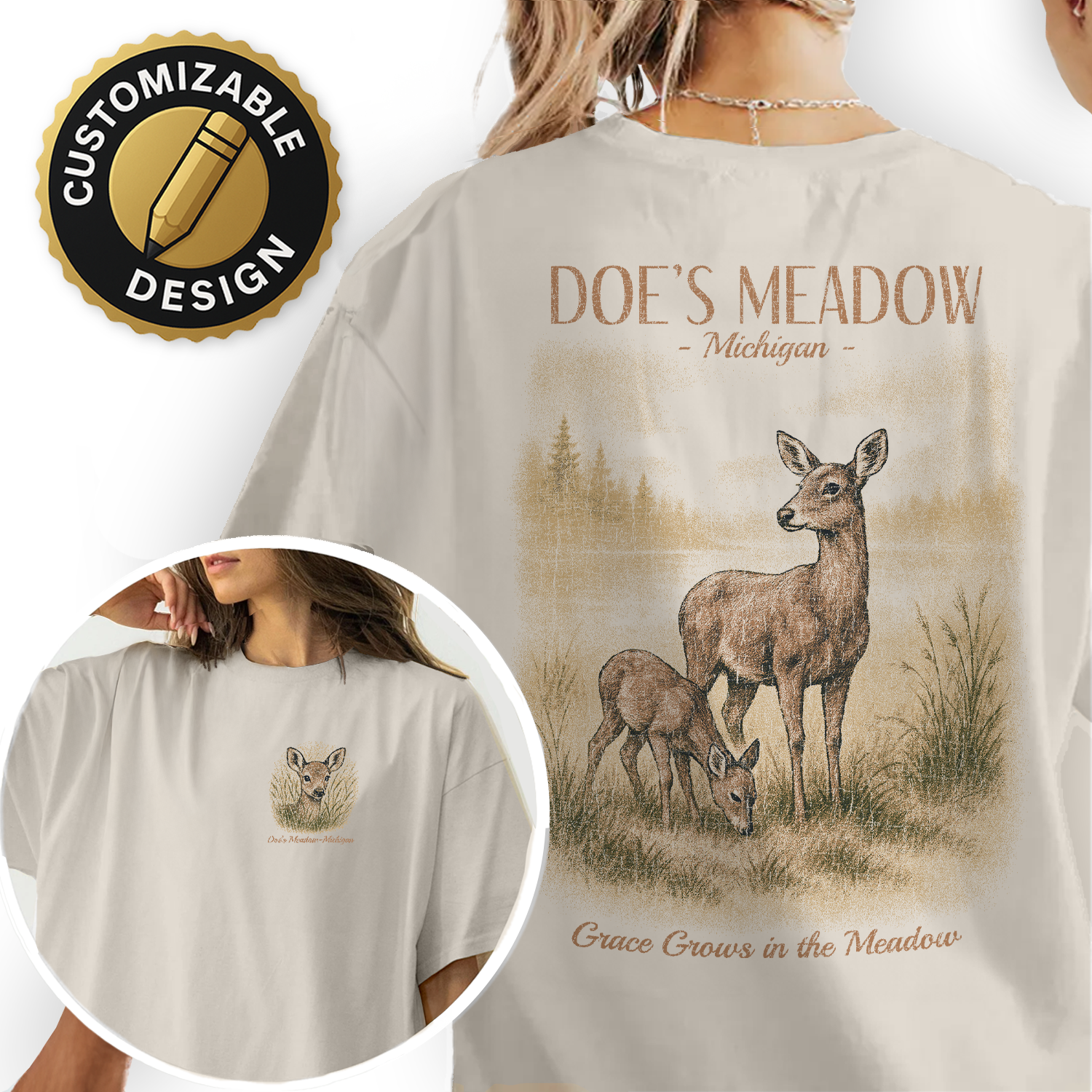 Doe’s Meadow Michigan Deer T-Shirt – Vintage Wildlife Tee, Retro Nature Graphic, Rustic Forest Souvenir Shirt for Outdoor Lovers