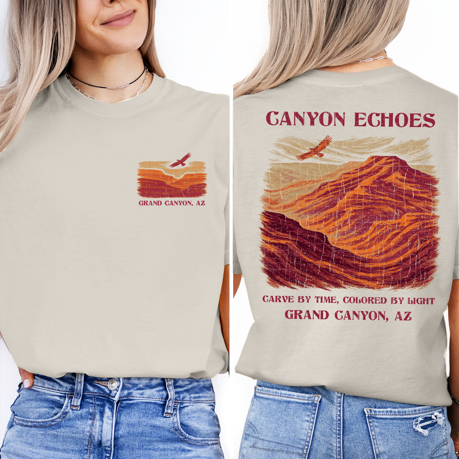 Vintage Grand Canyon Arizona T-Shirt – Canyon Echoes Desert Landscape & Eagle Graphic, Retro National Park Souvenir Tee
