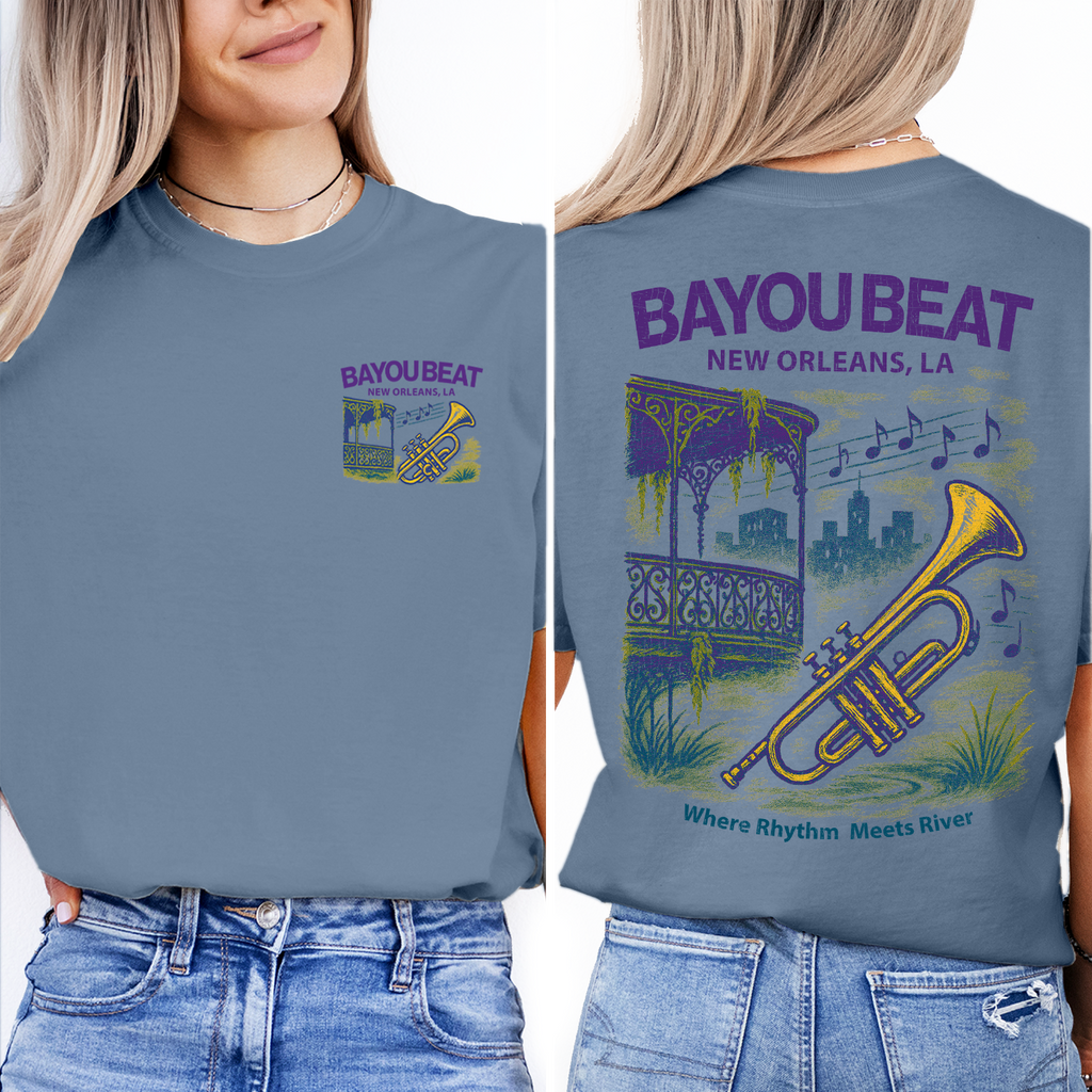 Bayou Beat New Orleans T-Shirt – Jazz Trumpet Tee, Music Riverfront Souvenir, Vintage French Quarter Shirt