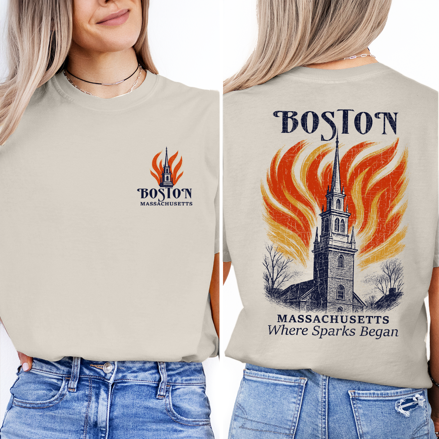 Boston Massachusetts Church T-Shirt – Historic Fire Graphic Tee, Where Sparks Began, Revolutionary Souvenir Shirt