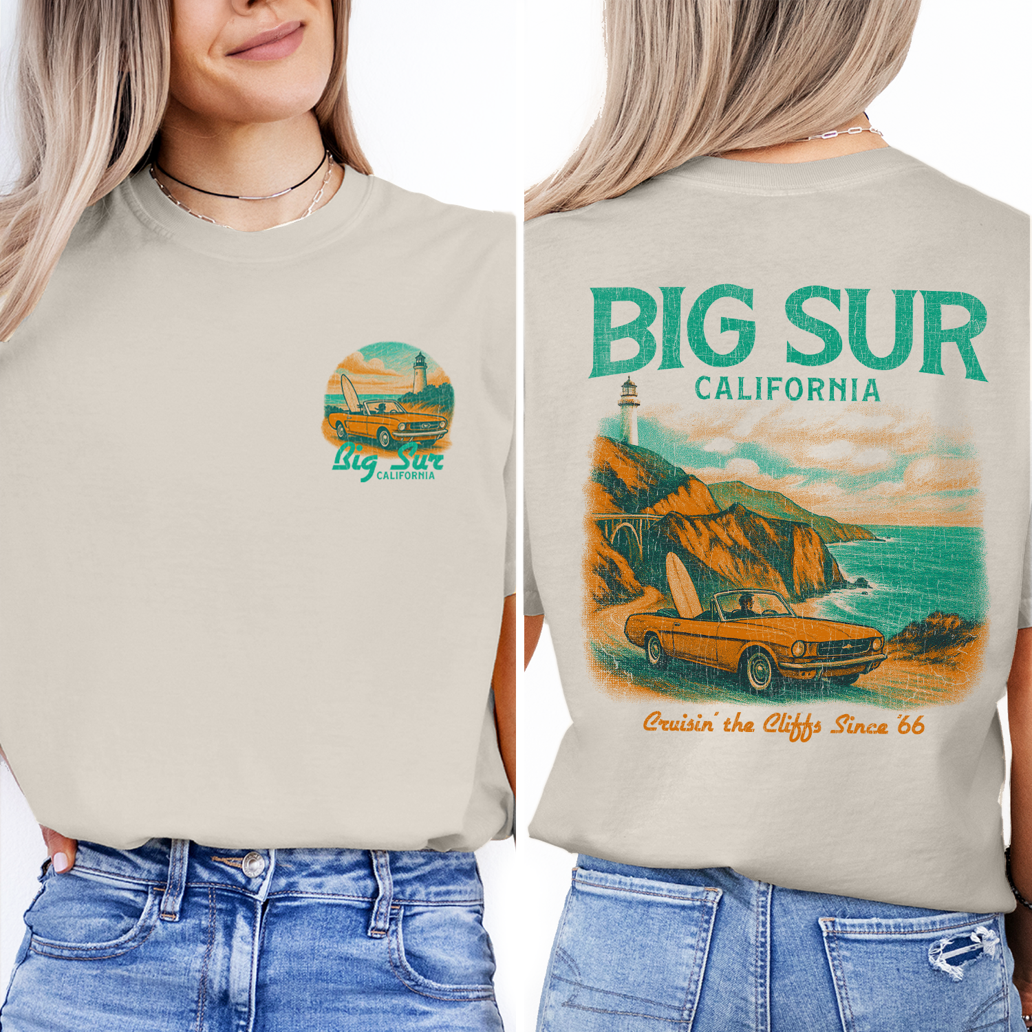 Big Sur California T-Shirt – Vintage Coastal Highway Graphic Tee, Retro Car and Surf Shirt, California Travel Souvenir Gift