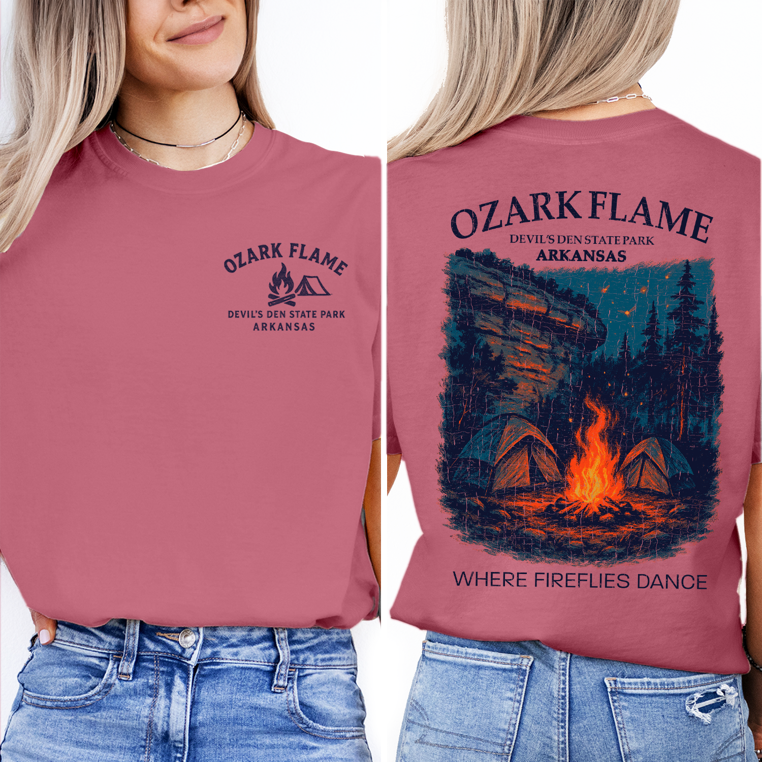 Ozark Flame Camping T-Shirt – Devil's Den State Park Firefly Campfire Tee, Arkansas Nature Shirt