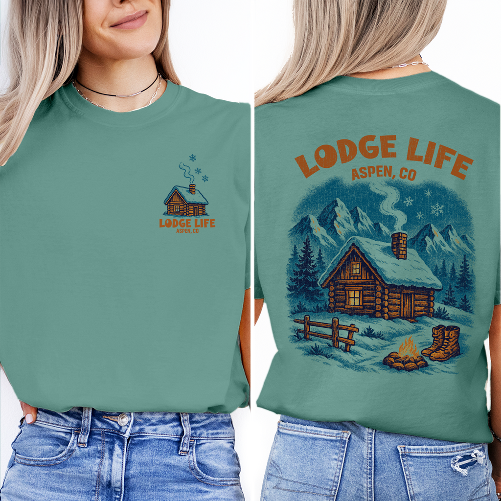 Lodge Life Aspen T-Shirt – Cozy Cabin in Snow, Colorado Winter Mountain Shirt, Ski Lodge Graphic Tee