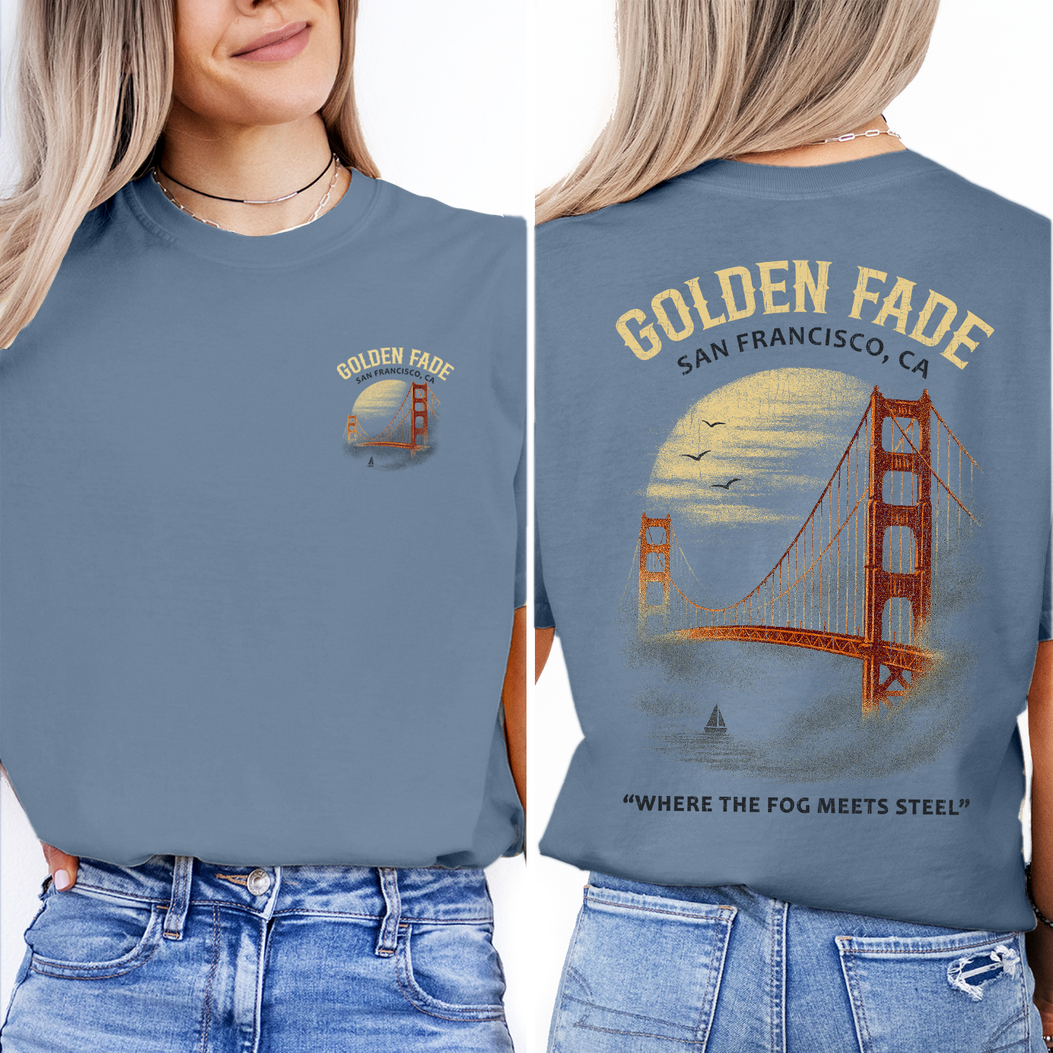Golden Gate Bridge T-Shirt – San Francisco Golden Fade Tee, Vintage Foggy Sunset Design, California Coastal Souvenir