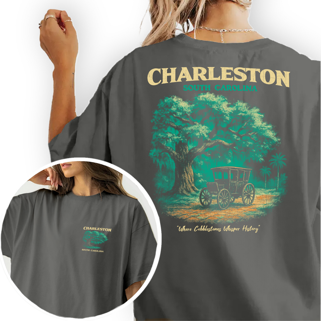 Charleston South Carolina T-Shirt | Historic Carriage Ride Tee | Southern Charm Travel Souvenir | Vintage Tree Graphic Shirt