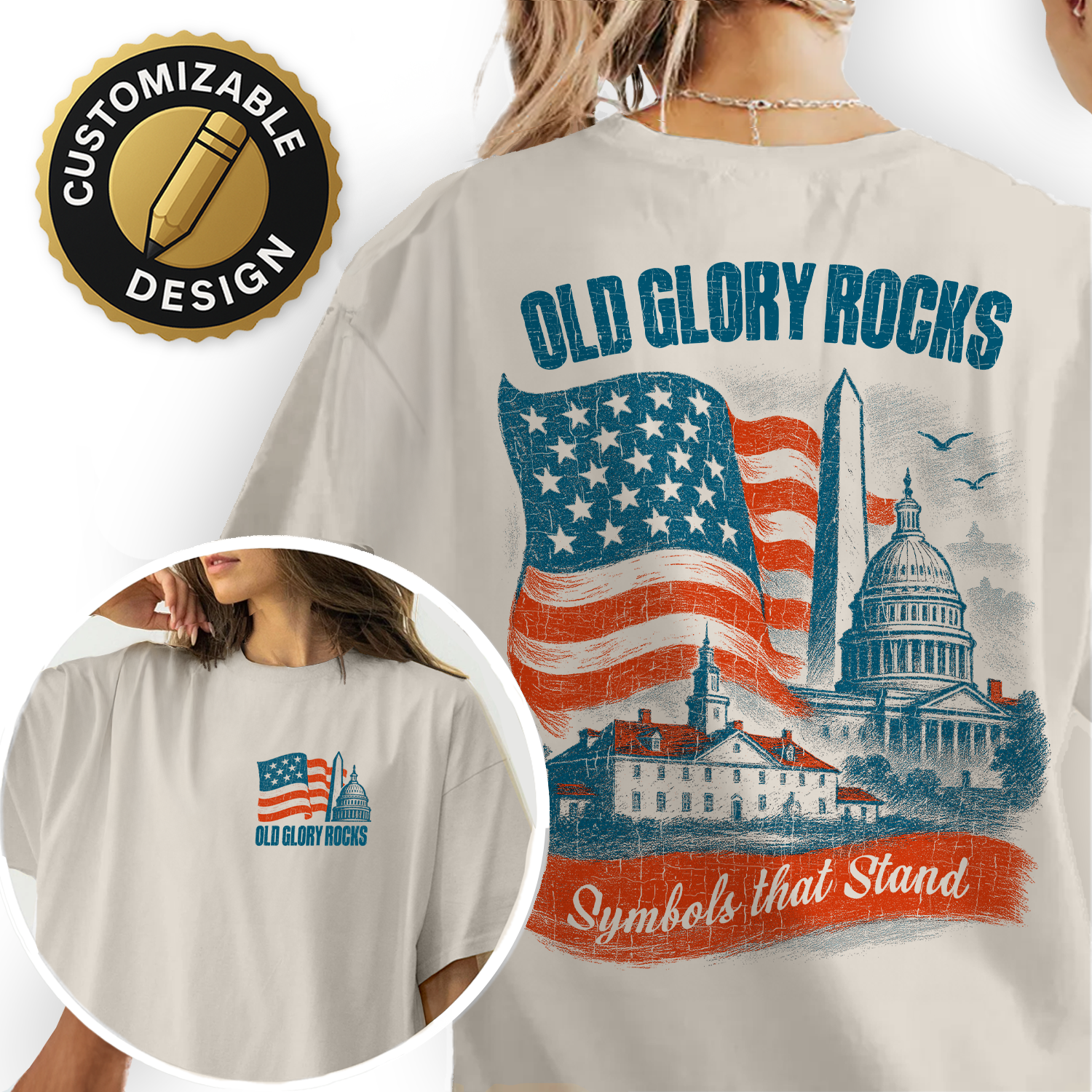 Old Glory Rocks American Flag T-Shirt | Patriotic USA Landmarks Tee | Vintage 4th of July Independence Day Shirt